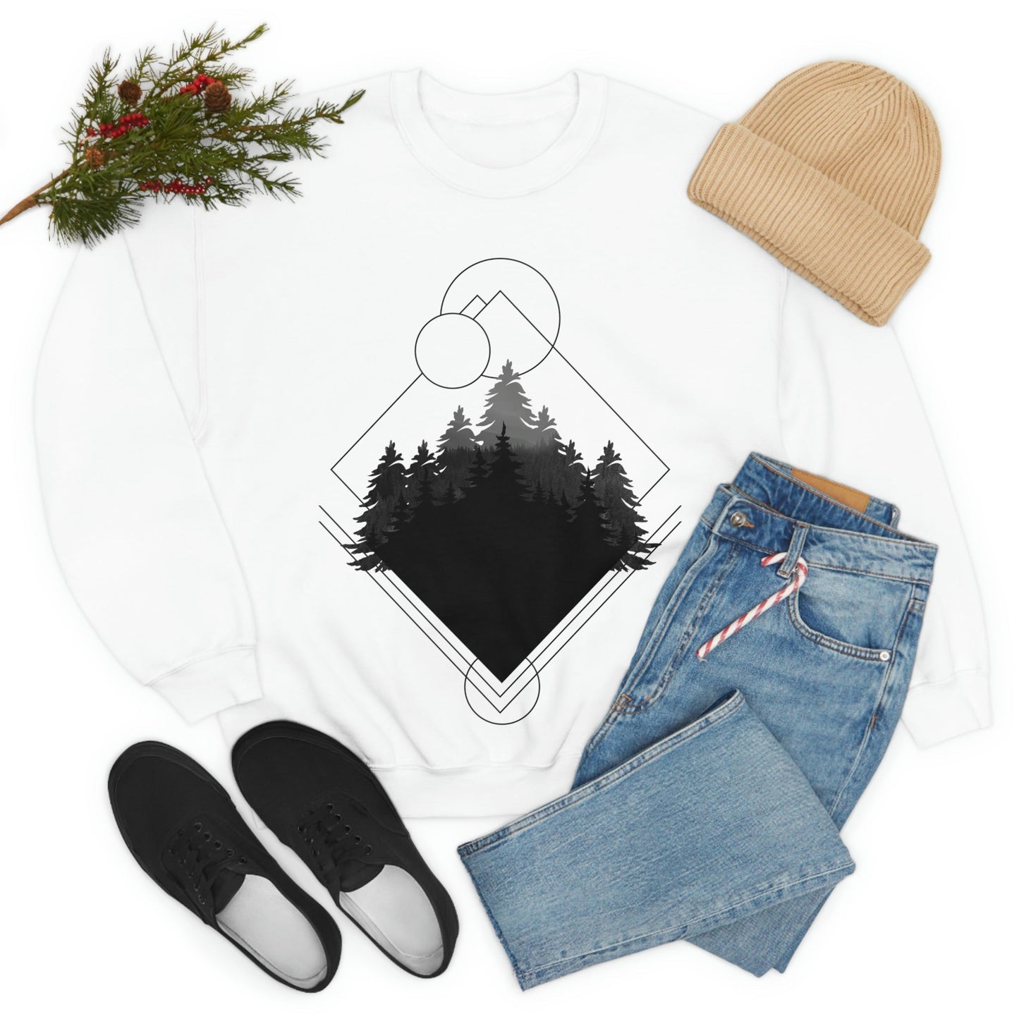 Forest Landscape Explore Monochrome Adventure Black Text Unisex Heavy Blend™ Crewneck Sweatshirt Ichaku [Perfect Gifts Selection]