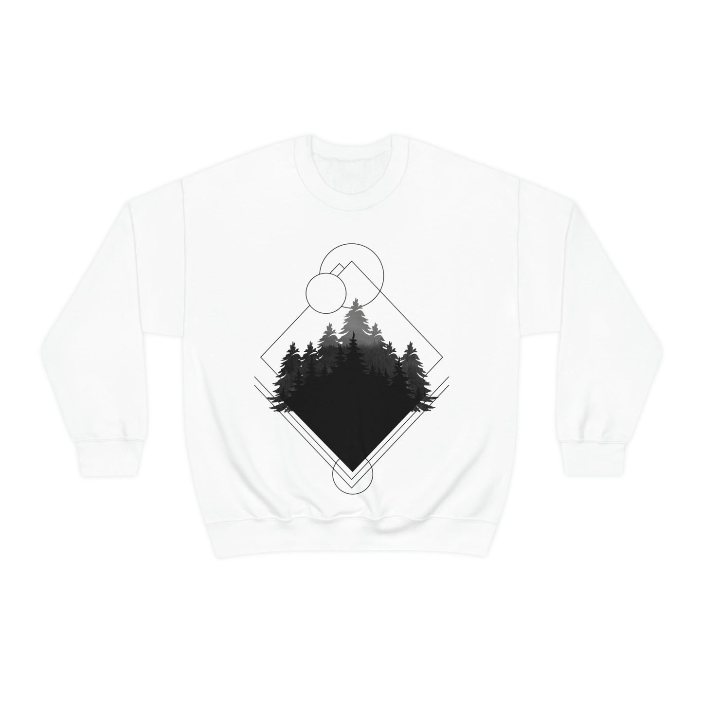 Forest Landscape Explore Monochrome Adventure Black Text Unisex Heavy Blend™ Crewneck Sweatshirt Ichaku [Perfect Gifts Selection]