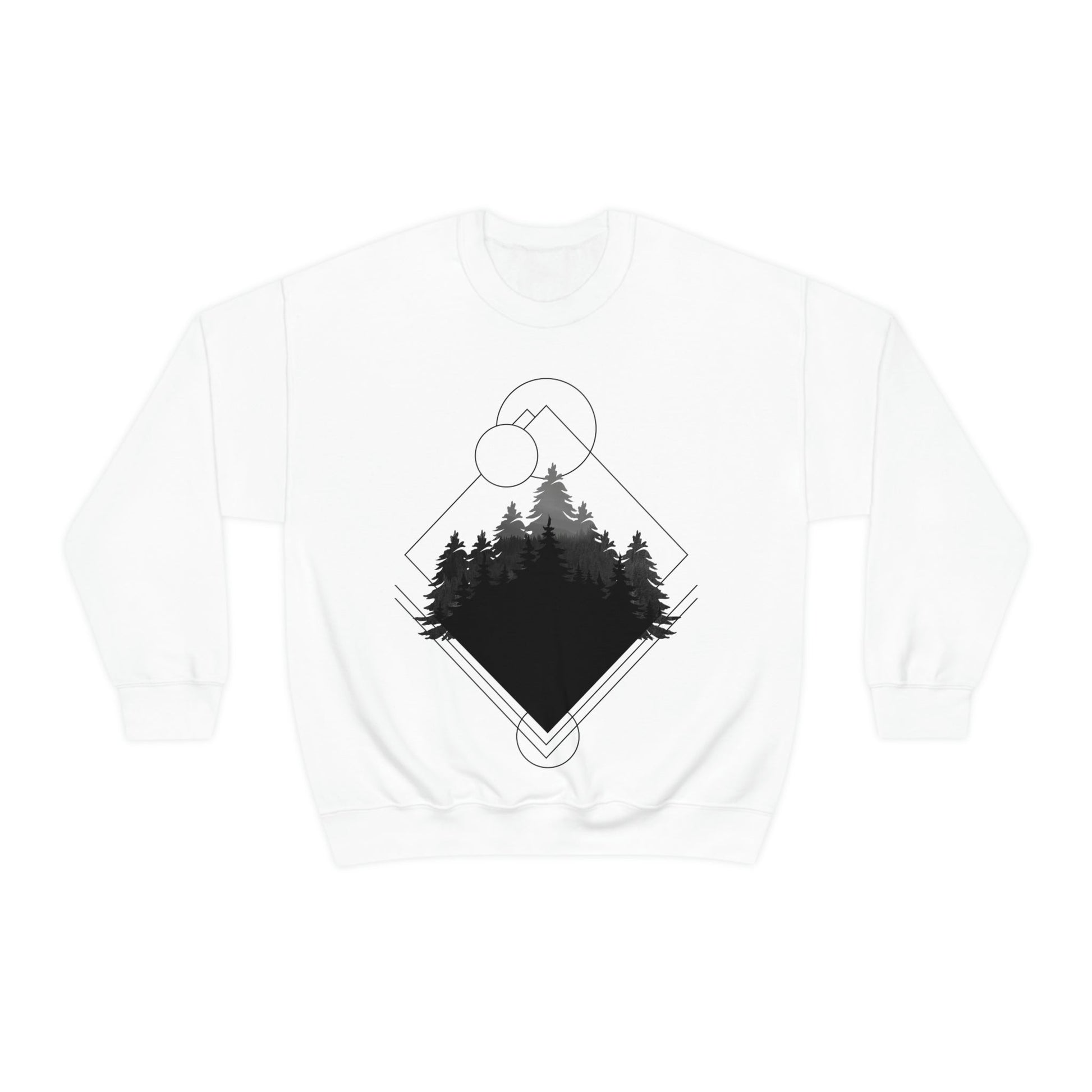 Forest Landscape Explore Monochrome Adventure Black Text Unisex Heavy Blend™ Crewneck Sweatshirt Ichaku [Perfect Gifts Selection]