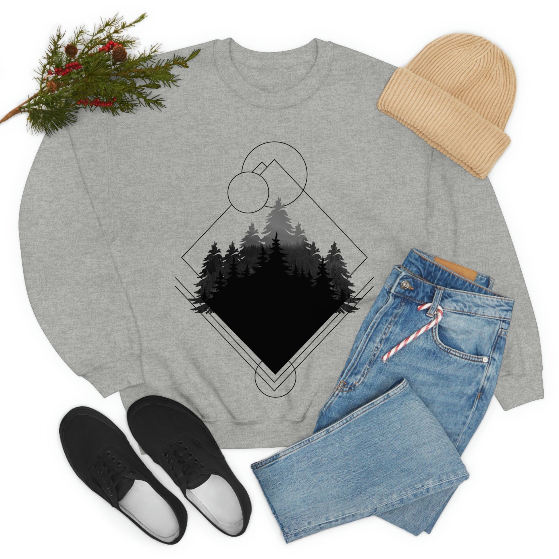 Forest Landscape Explore Monochrome Adventure Black Text Unisex Heavy Blend™ Crewneck Sweatshirt Ichaku [Perfect Gifts Selection]