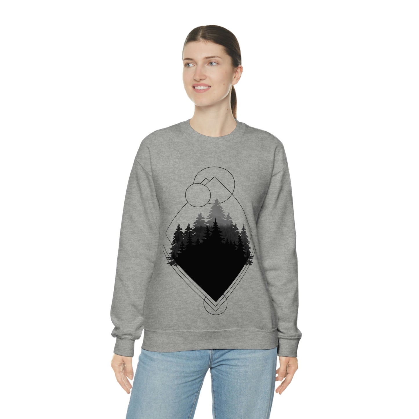 Forest Landscape Explore Monochrome Adventure Black Text Unisex Heavy Blend™ Crewneck Sweatshirt Ichaku [Perfect Gifts Selection]