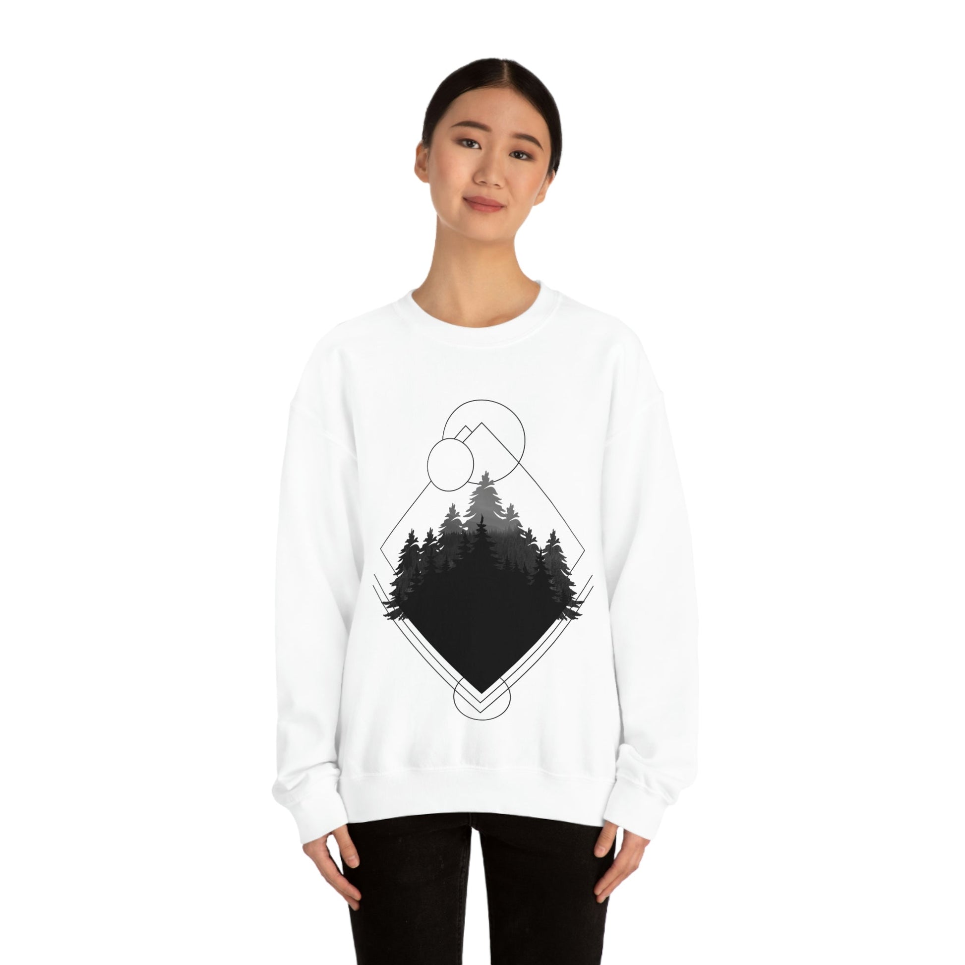 Forest Landscape Explore Monochrome Adventure Black Text Unisex Heavy Blend™ Crewneck Sweatshirt Ichaku [Perfect Gifts Selection]