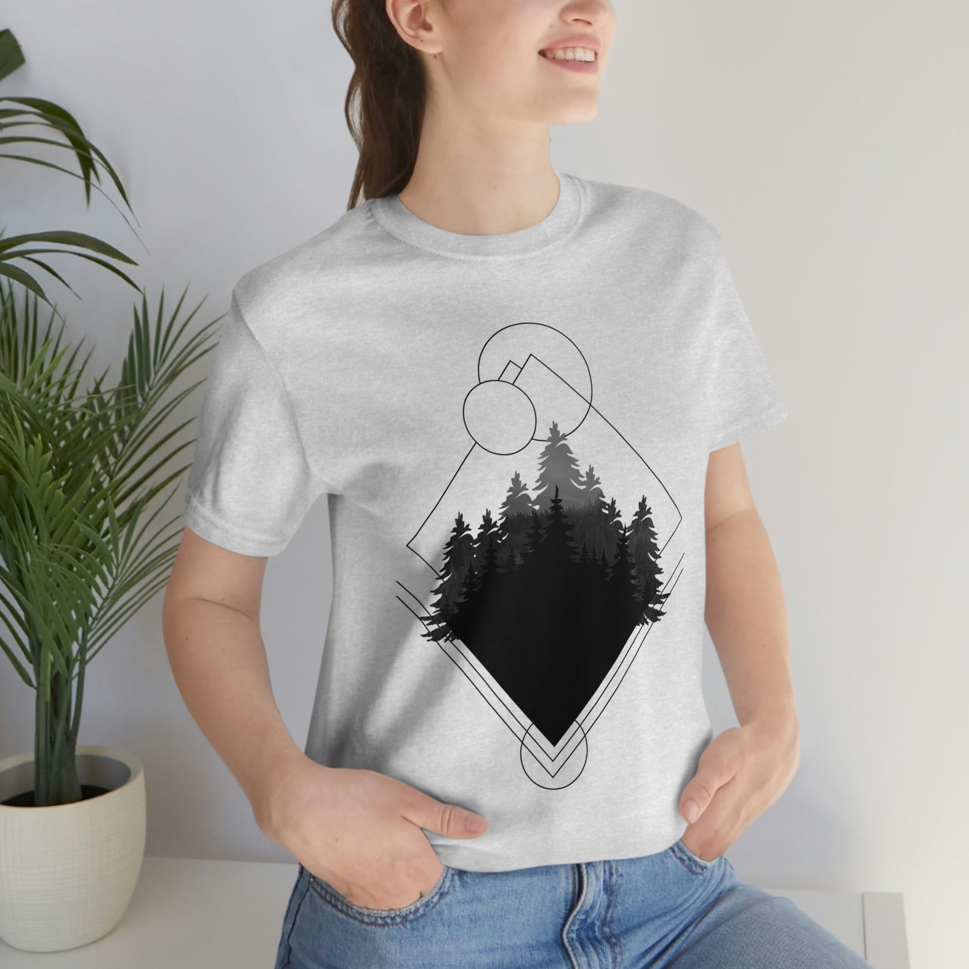 Forest Landscape Explore Monochrome Adventure Unisex Jersey Short Sleeve T-Shirt Ichaku [Perfect Gifts Selection]