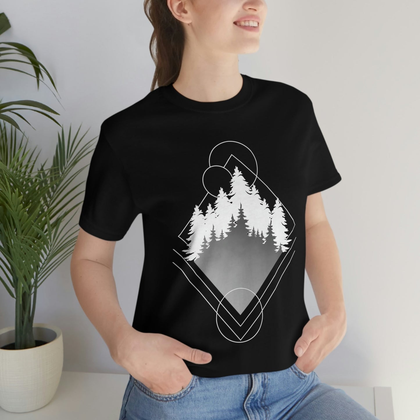 Forest Landscape Explore Monochrome Adventure Unisex Jersey Short Sleeve T-Shirt Ichaku [Perfect Gifts Selection]