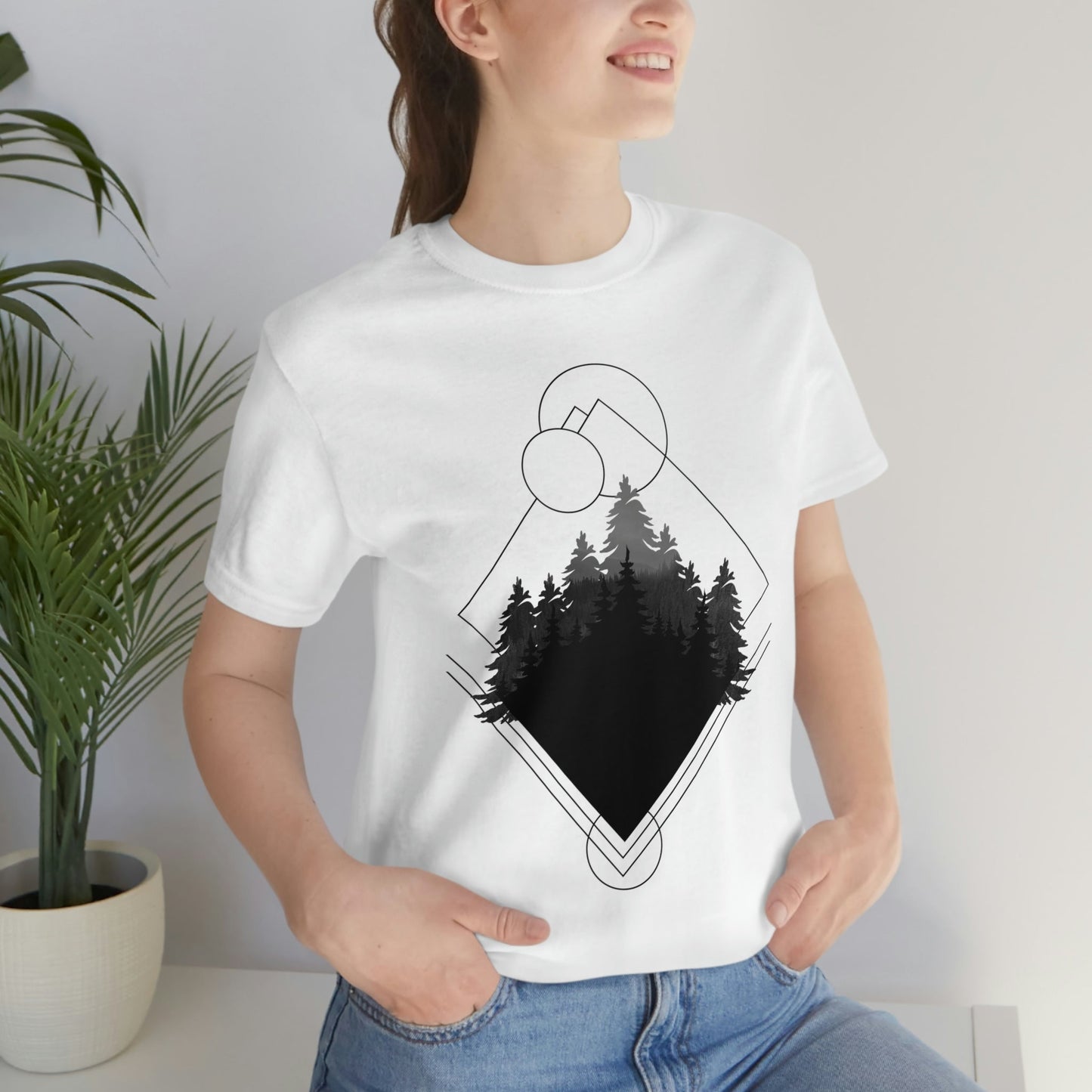 Forest Landscape Explore Monochrome Adventure Unisex Jersey Short Sleeve T-Shirt Ichaku [Perfect Gifts Selection]