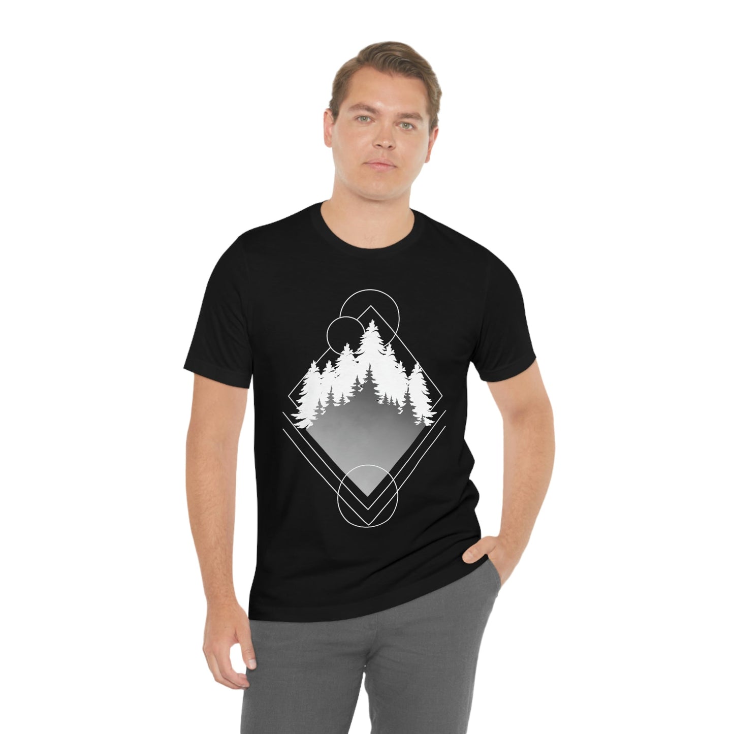 Forest Landscape Explore Monochrome Adventure Unisex Jersey Short Sleeve T-Shirt Ichaku [Perfect Gifts Selection]