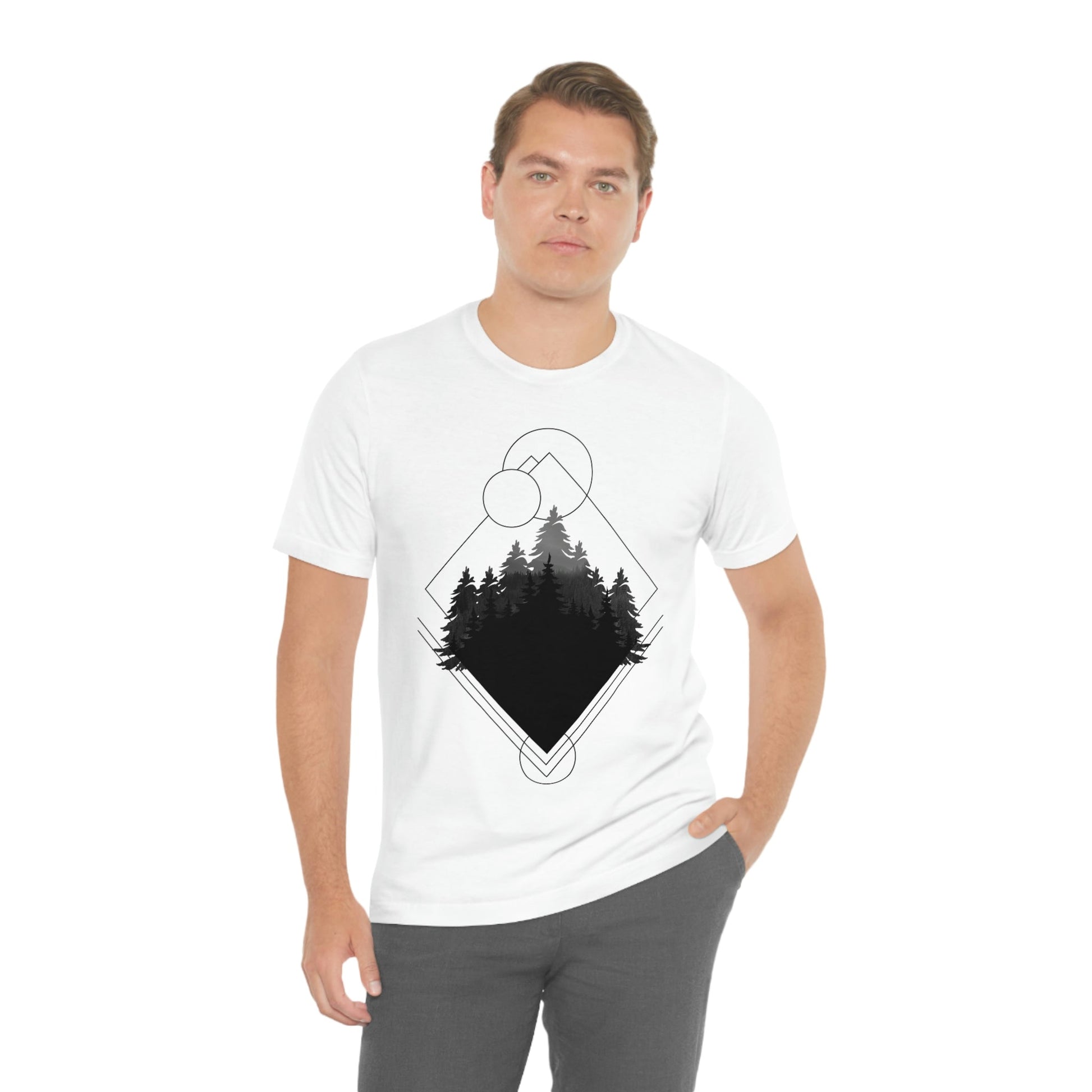 Forest Landscape Explore Monochrome Adventure Unisex Jersey Short Sleeve T-Shirt Ichaku [Perfect Gifts Selection]