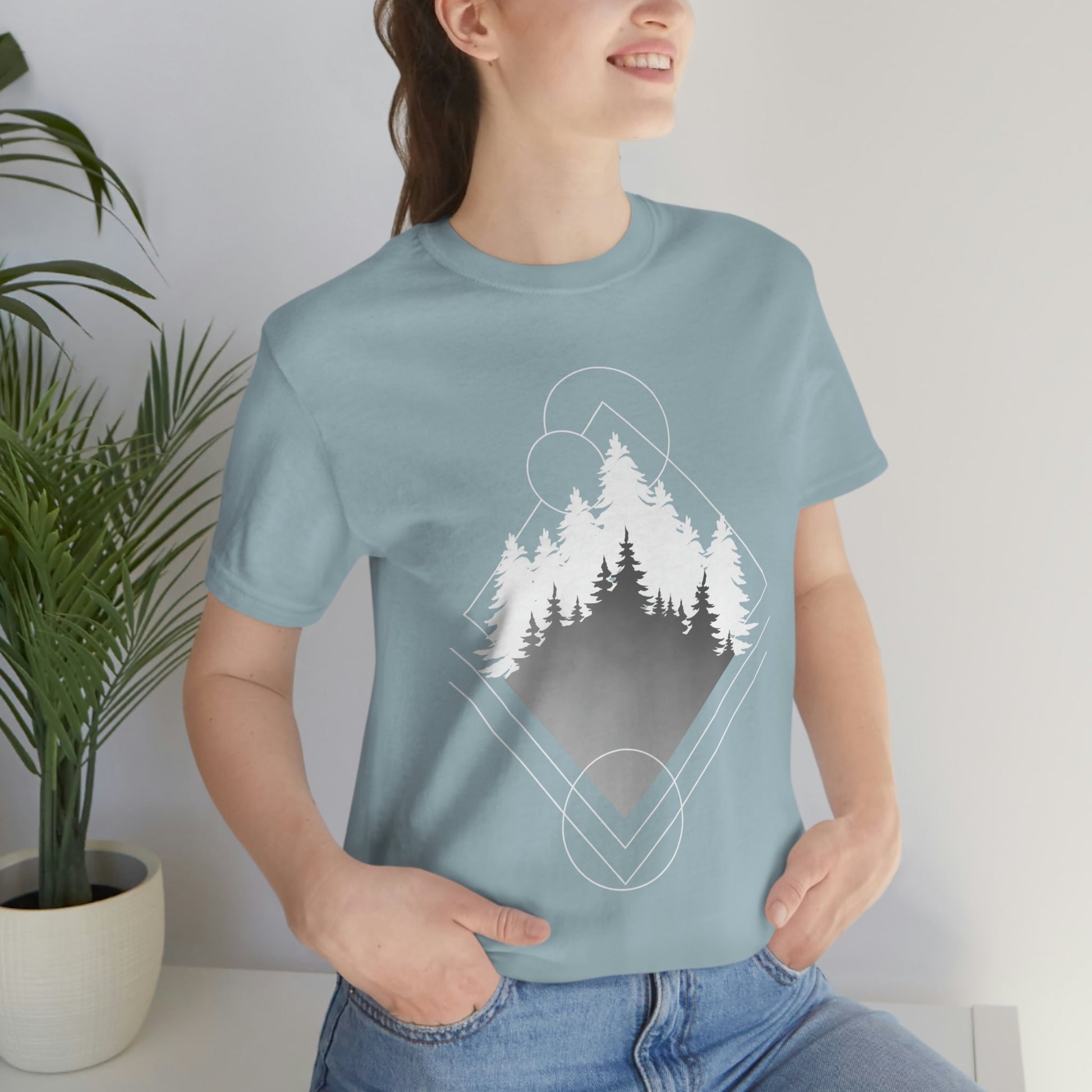 Forest Landscape Explore Monochrome Adventure Unisex Jersey Short Sleeve T-Shirt Ichaku [Perfect Gifts Selection]