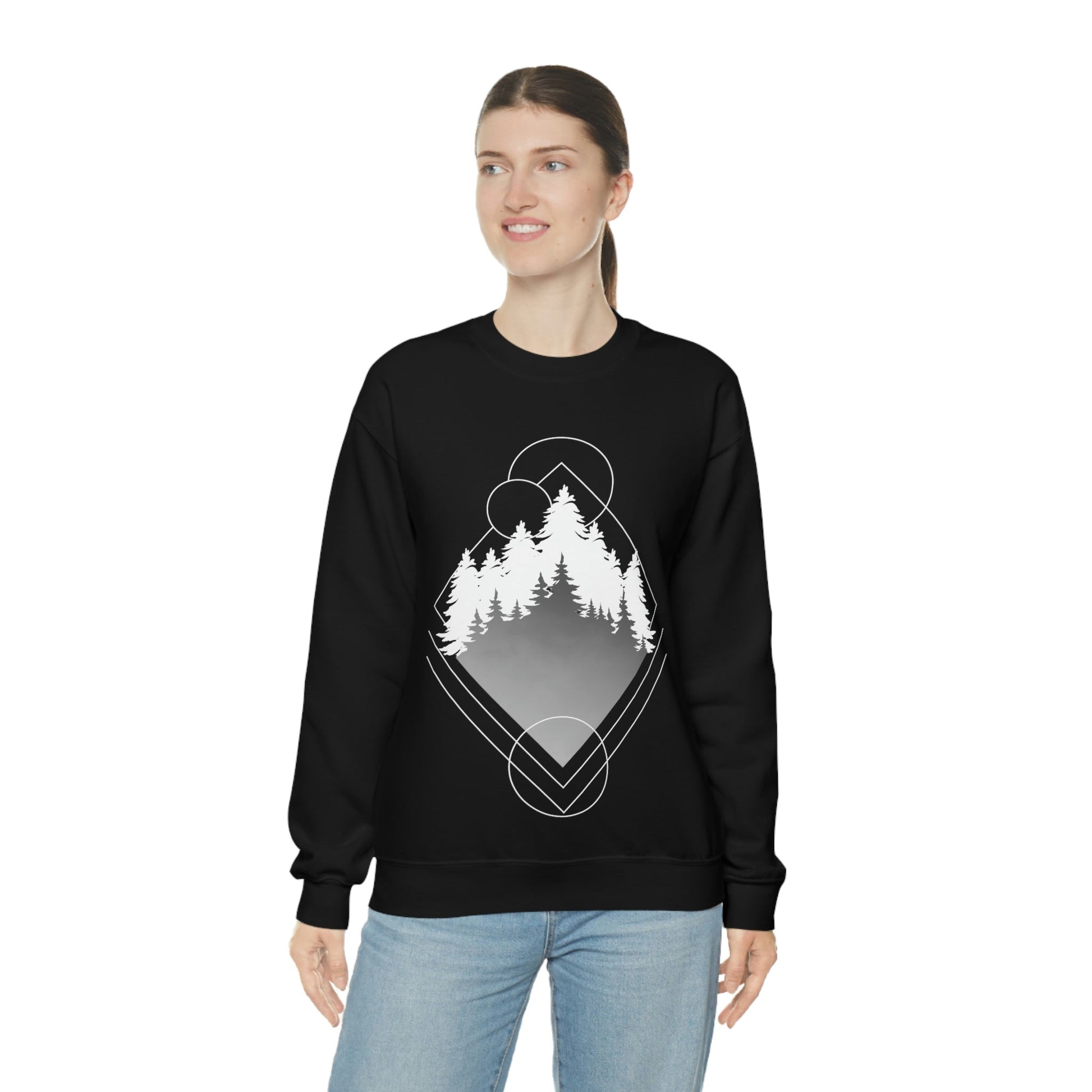 Forest Landscape Explore Monochrome Adventure White Text Unisex Heavy Blend™ Crewneck Sweatshirt Ichaku [Perfect Gifts Selection]