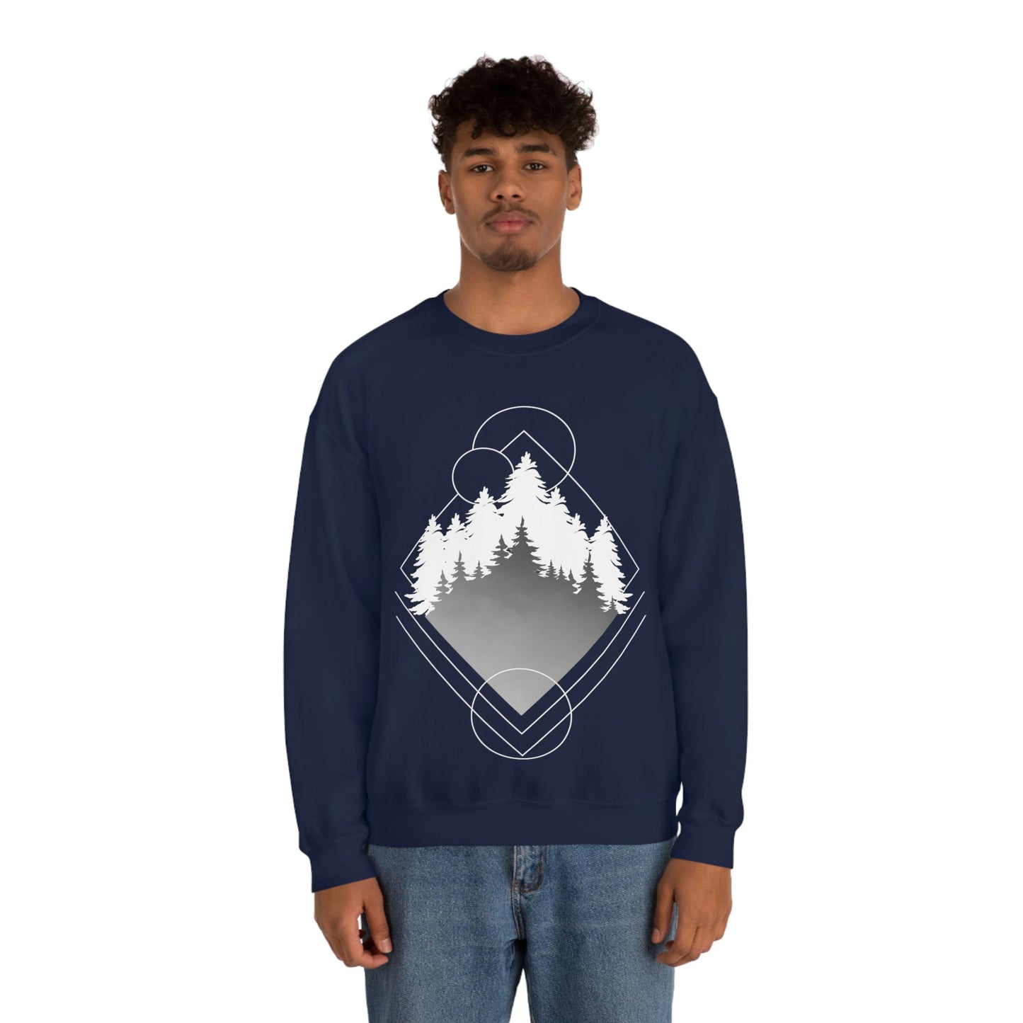 Forest Landscape Explore Monochrome Adventure White Text Unisex Heavy Blend™ Crewneck Sweatshirt Ichaku [Perfect Gifts Selection]