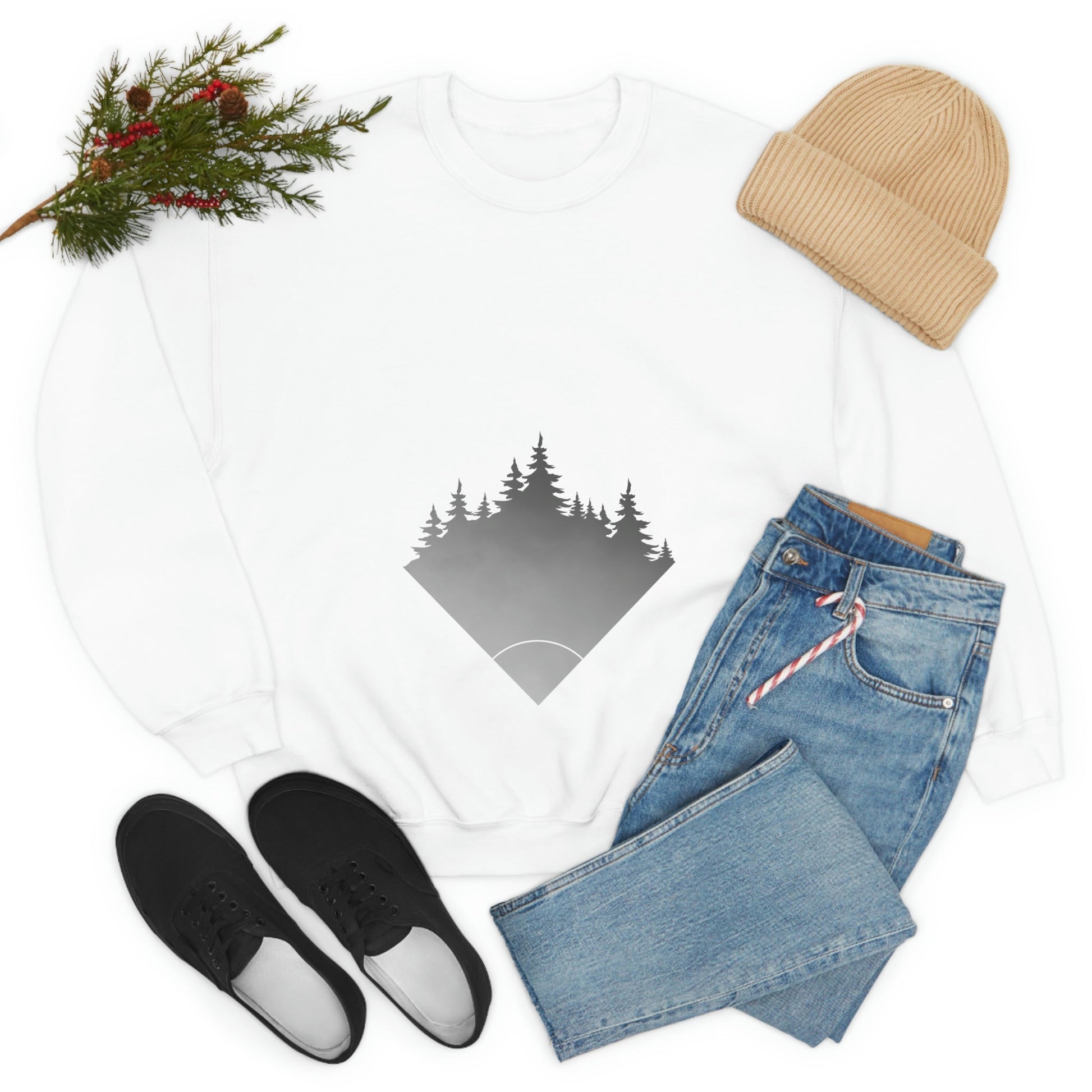 Forest Landscape Explore Monochrome Adventure White Text Unisex Heavy Blend™ Crewneck Sweatshirt Ichaku [Perfect Gifts Selection]