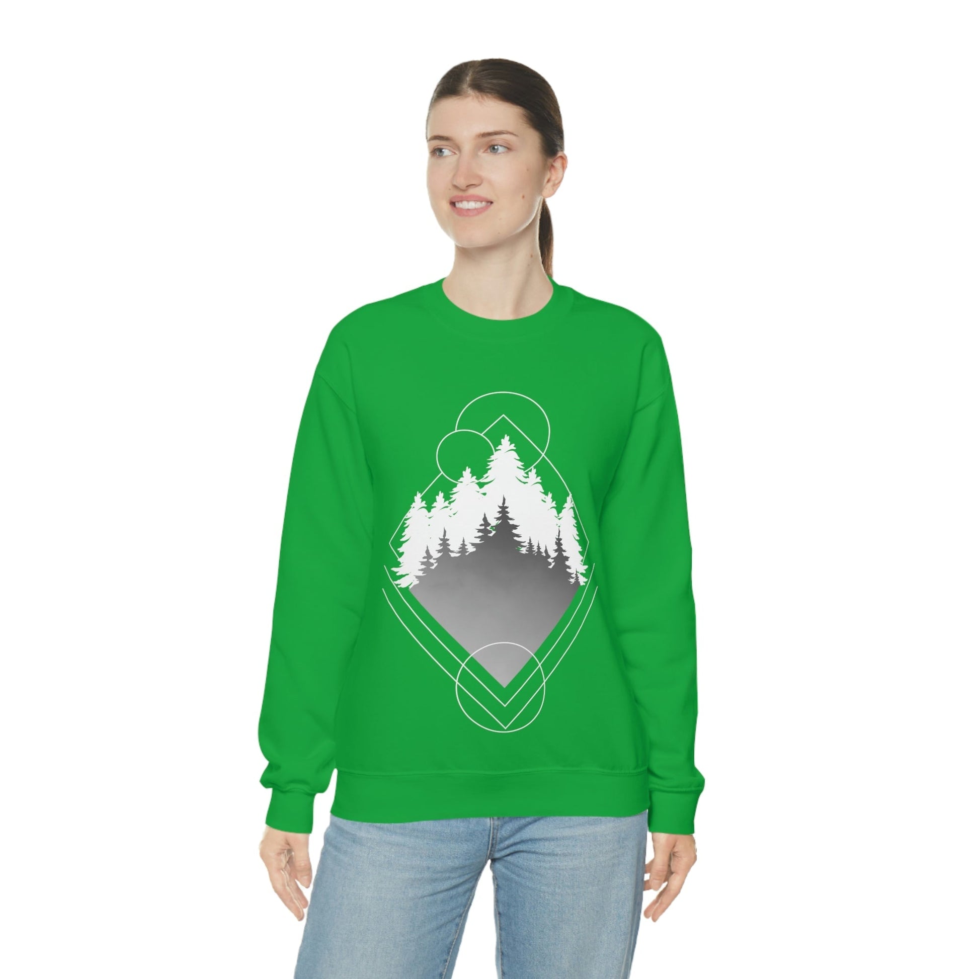 Forest Landscape Explore Monochrome Adventure White Text Unisex Heavy Blend™ Crewneck Sweatshirt Ichaku [Perfect Gifts Selection]