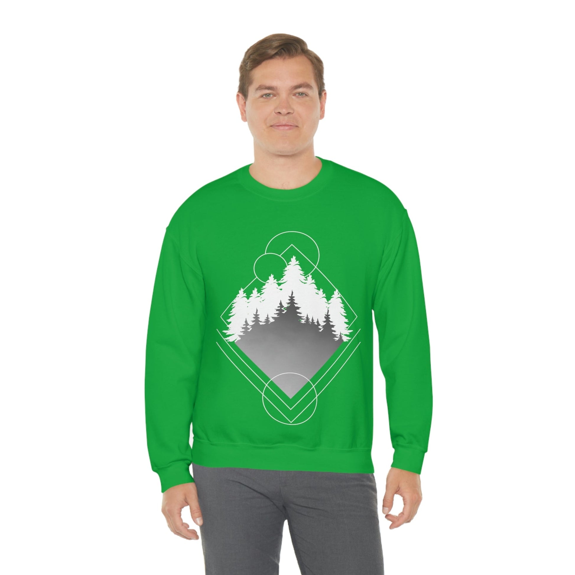 Forest Landscape Explore Monochrome Adventure White Text Unisex Heavy Blend™ Crewneck Sweatshirt Ichaku [Perfect Gifts Selection]