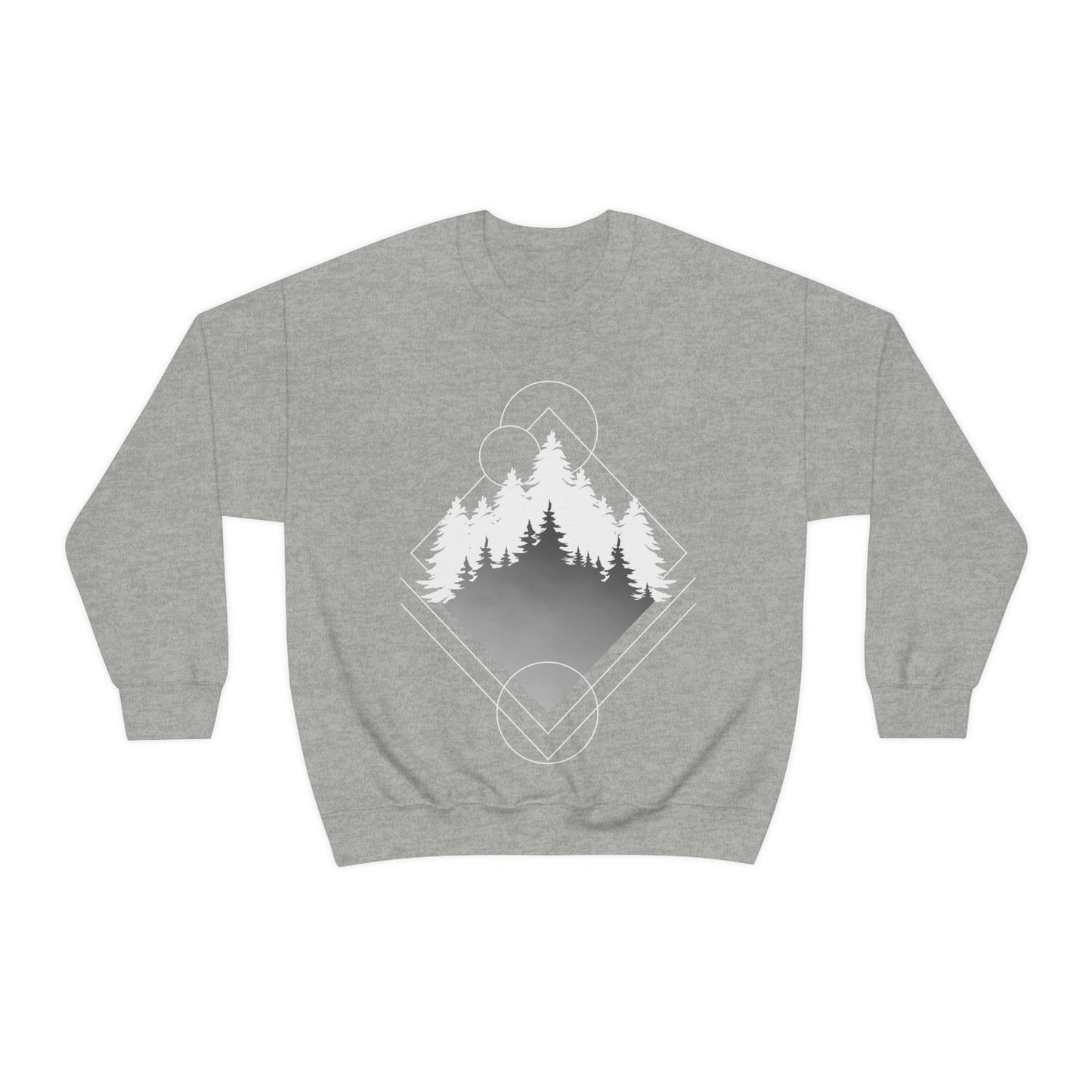 Forest Landscape Explore Monochrome Adventure White Text Unisex Heavy Blend™ Crewneck Sweatshirt Ichaku [Perfect Gifts Selection]