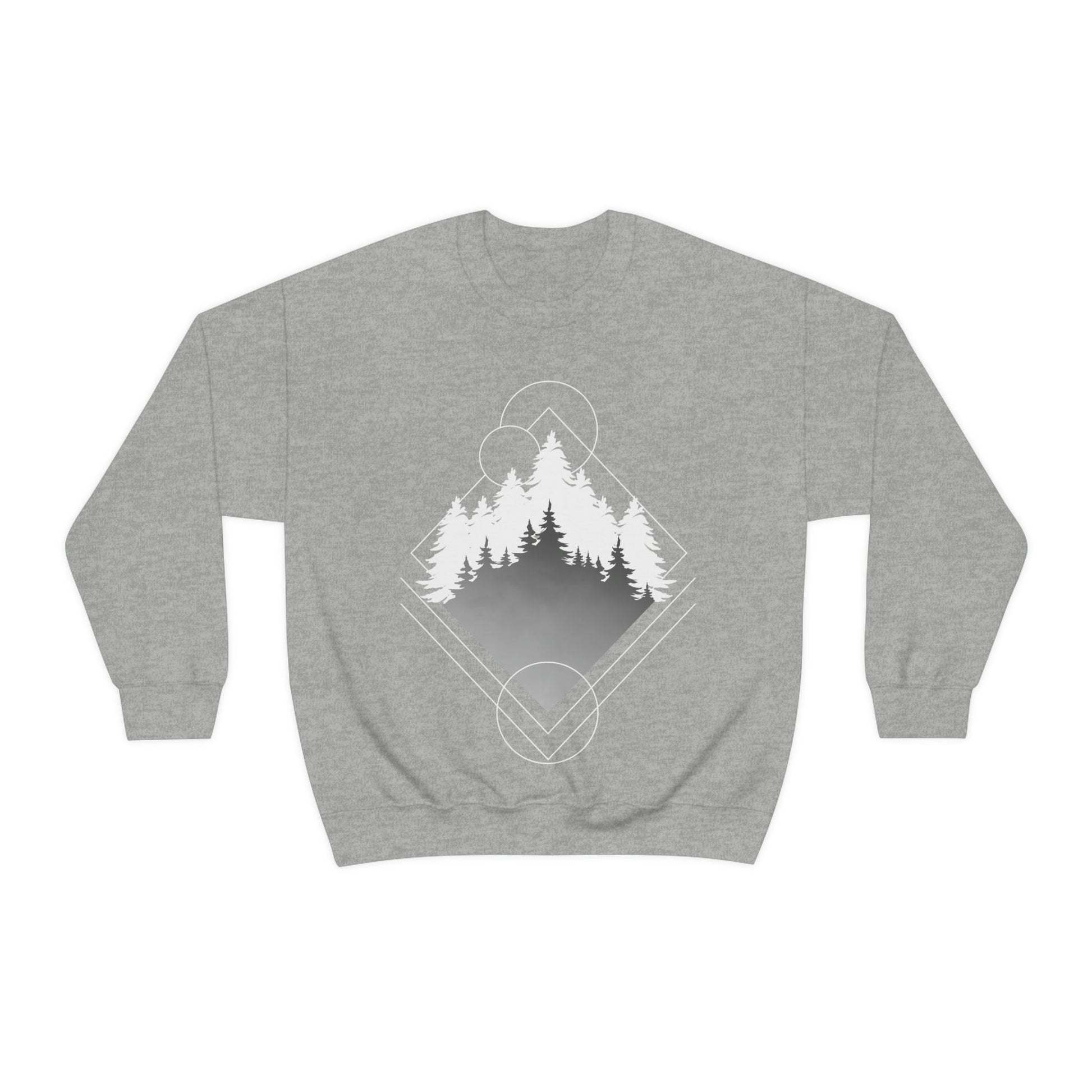 Forest Landscape Explore Monochrome Adventure White Text Unisex Heavy Blend™ Crewneck Sweatshirt Ichaku [Perfect Gifts Selection]