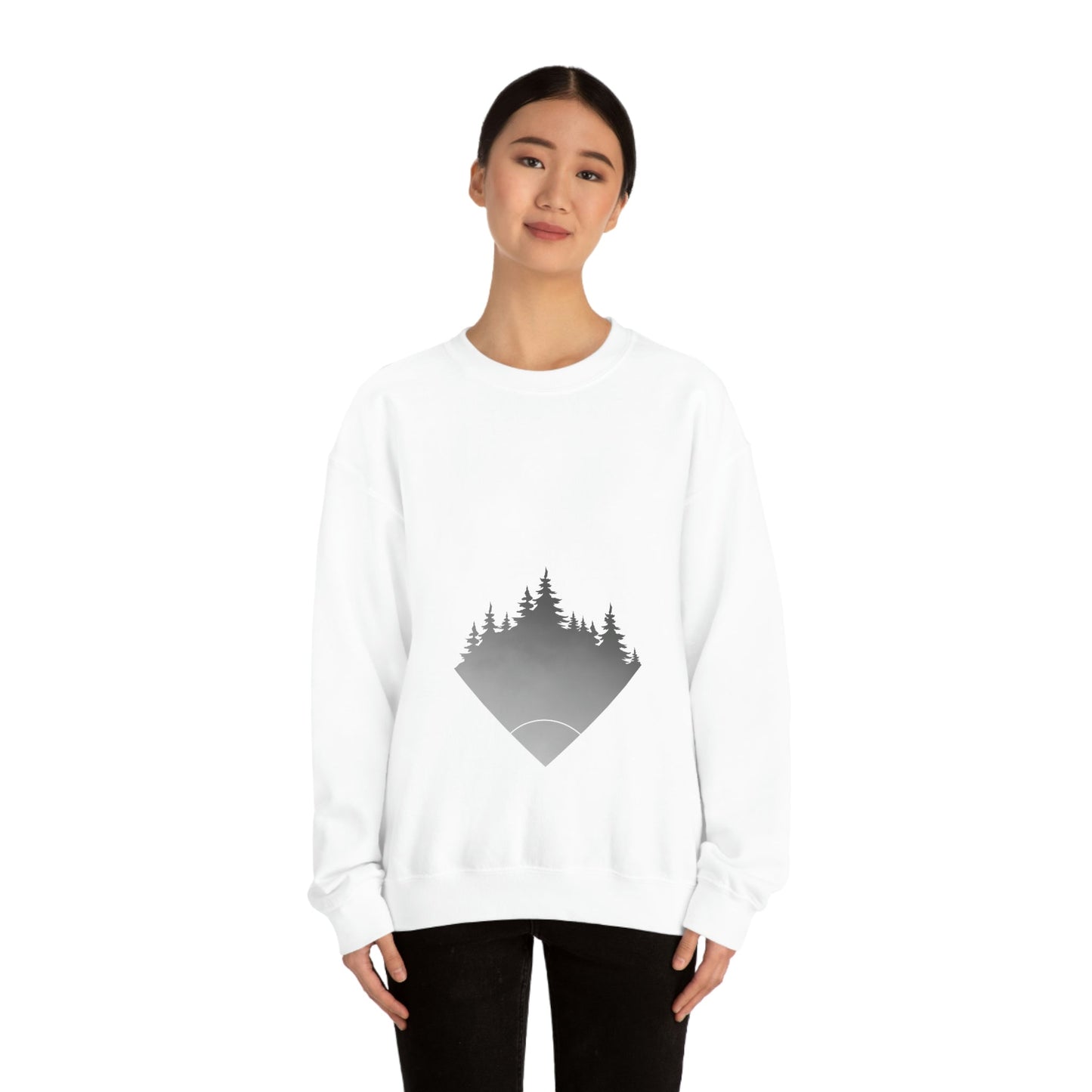 Forest Landscape Explore Monochrome Adventure White Text Unisex Heavy Blend™ Crewneck Sweatshirt Ichaku [Perfect Gifts Selection]