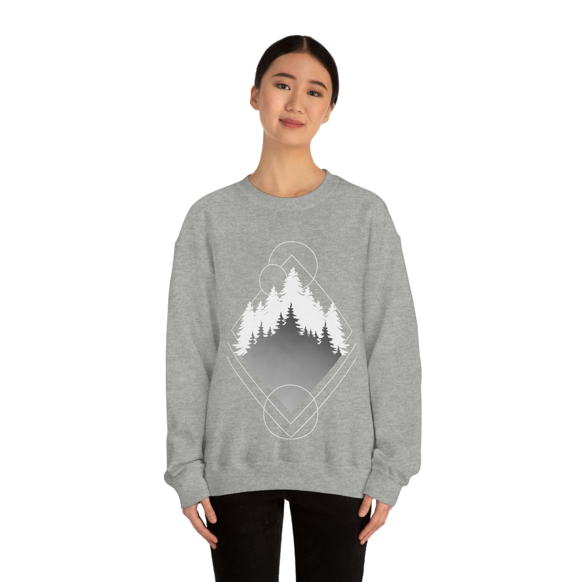 Forest Landscape Explore Monochrome Adventure White Text Unisex Heavy Blend™ Crewneck Sweatshirt Ichaku [Perfect Gifts Selection]