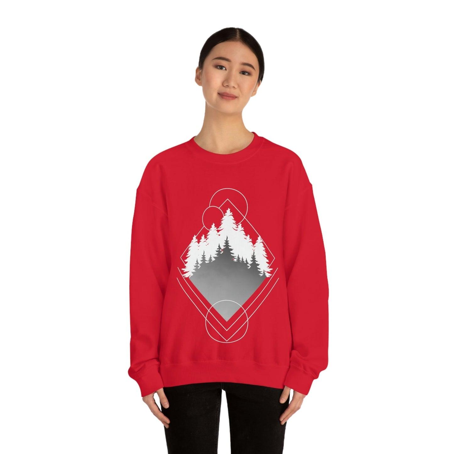 Forest Landscape Explore Monochrome Adventure White Text Unisex Heavy Blend™ Crewneck Sweatshirt Ichaku [Perfect Gifts Selection]