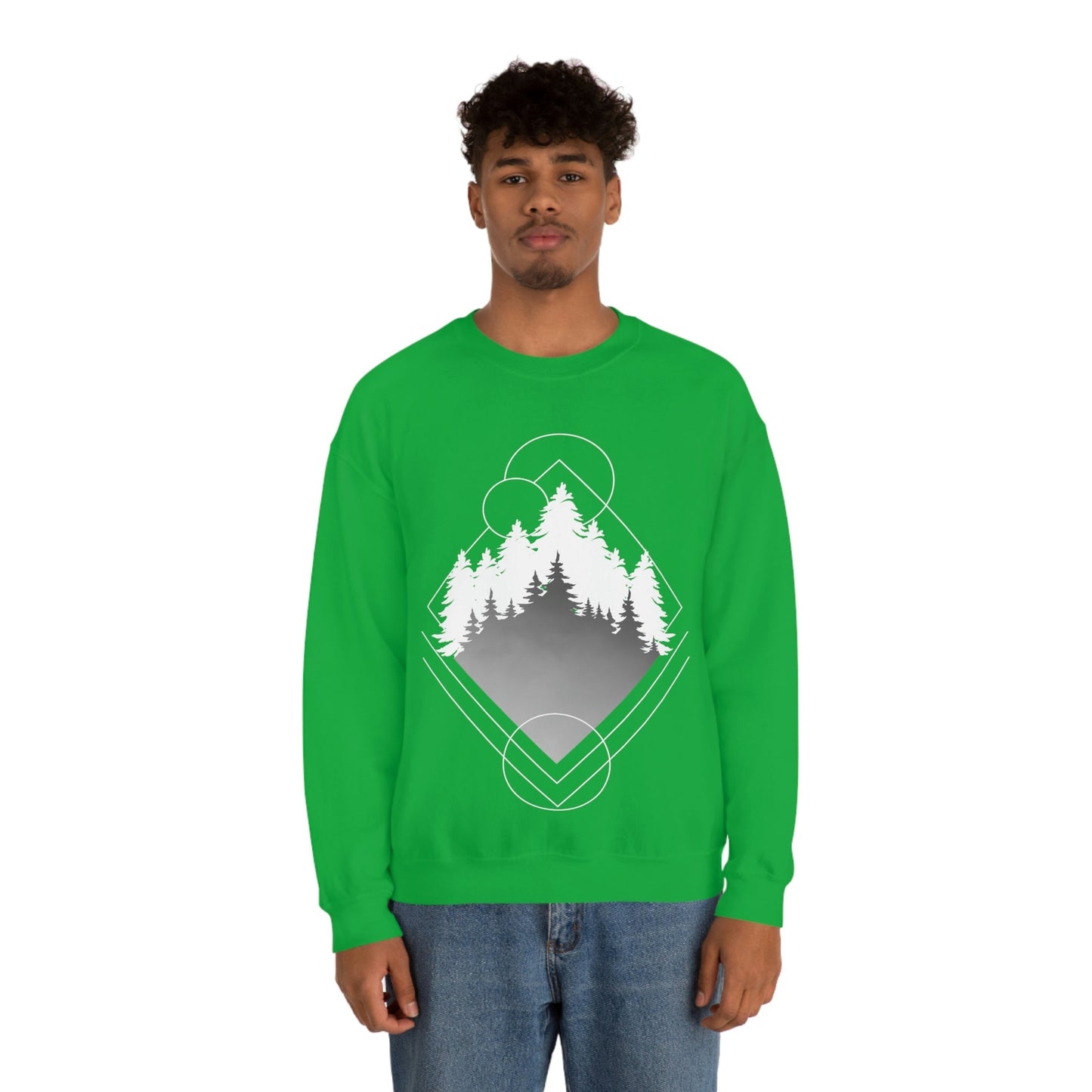 Forest Landscape Explore Monochrome Adventure White Text Unisex Heavy Blend™ Crewneck Sweatshirt Ichaku [Perfect Gifts Selection]