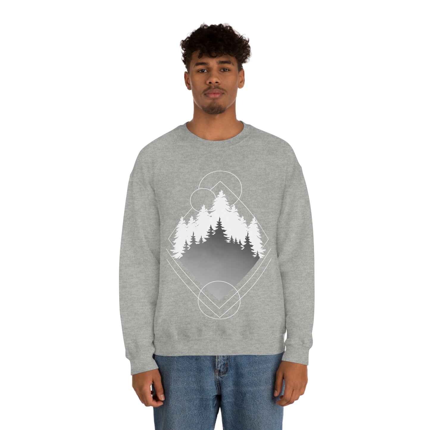 Forest Landscape Explore Monochrome Adventure White Text Unisex Heavy Blend™ Crewneck Sweatshirt Ichaku [Perfect Gifts Selection]