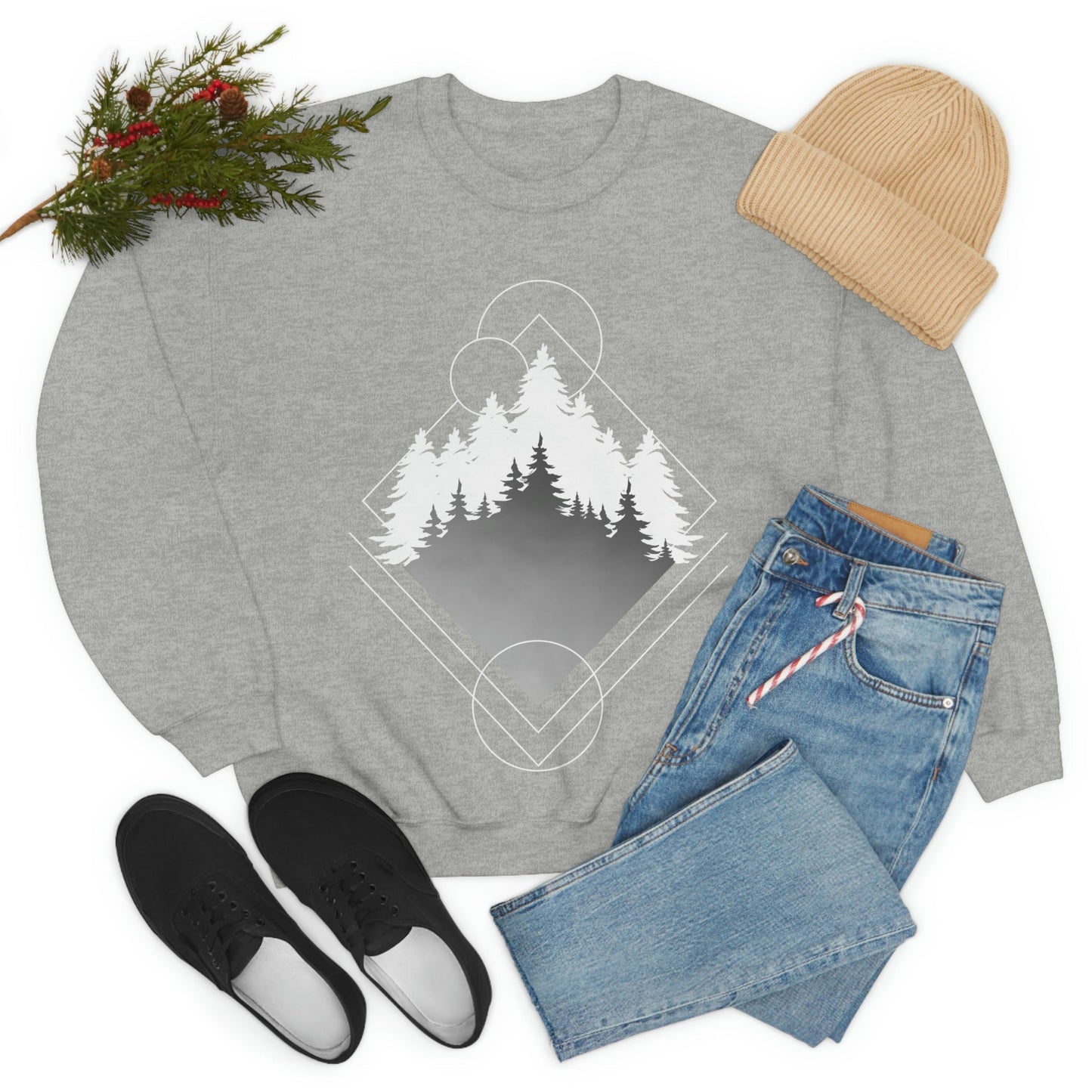 Forest Landscape Explore Monochrome Adventure White Text Unisex Heavy Blend™ Crewneck Sweatshirt Ichaku [Perfect Gifts Selection]