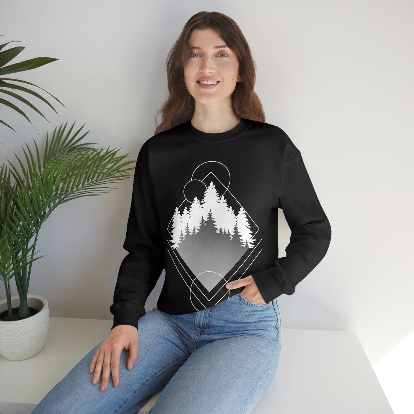 Forest Landscape Explore Monochrome Adventure White Text Unisex Heavy Blend™ Crewneck Sweatshirt Ichaku [Perfect Gifts Selection]