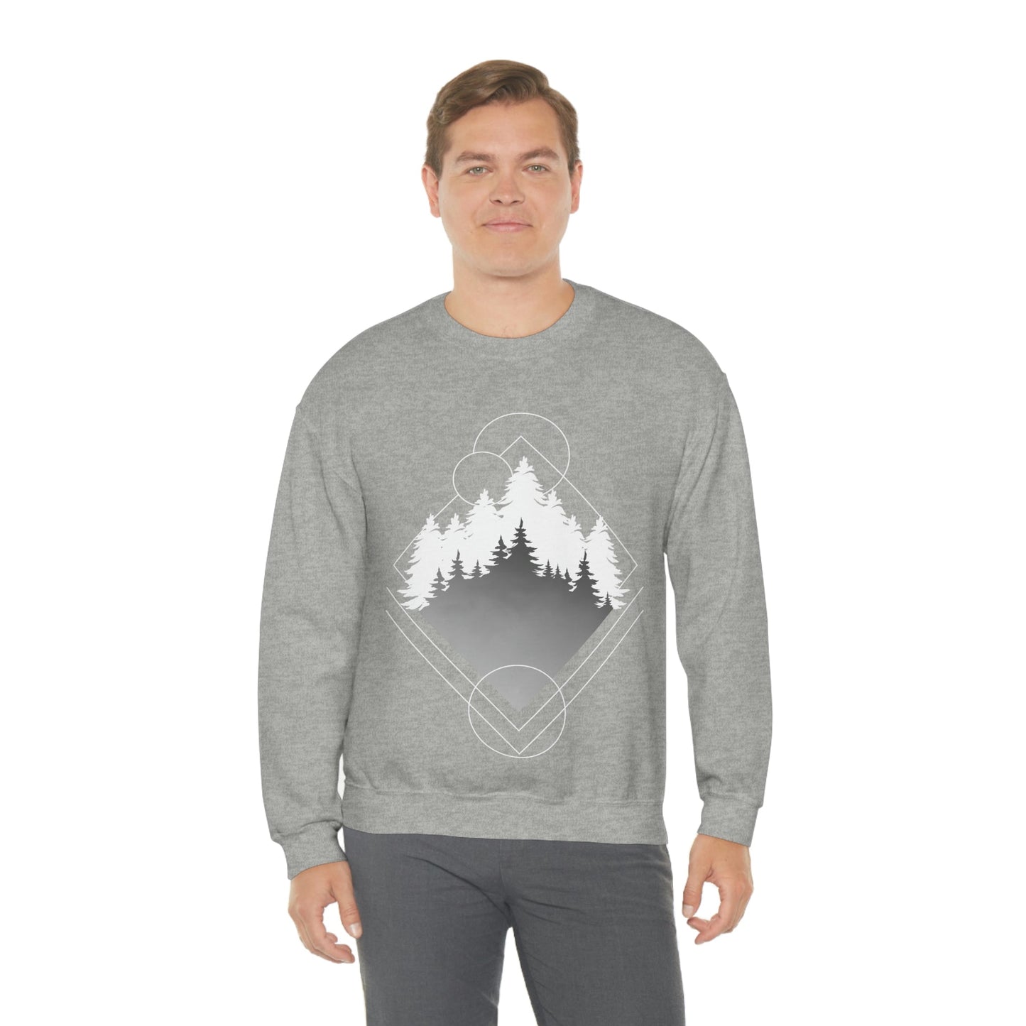 Forest Landscape Explore Monochrome Adventure White Text Unisex Heavy Blend™ Crewneck Sweatshirt Ichaku [Perfect Gifts Selection]