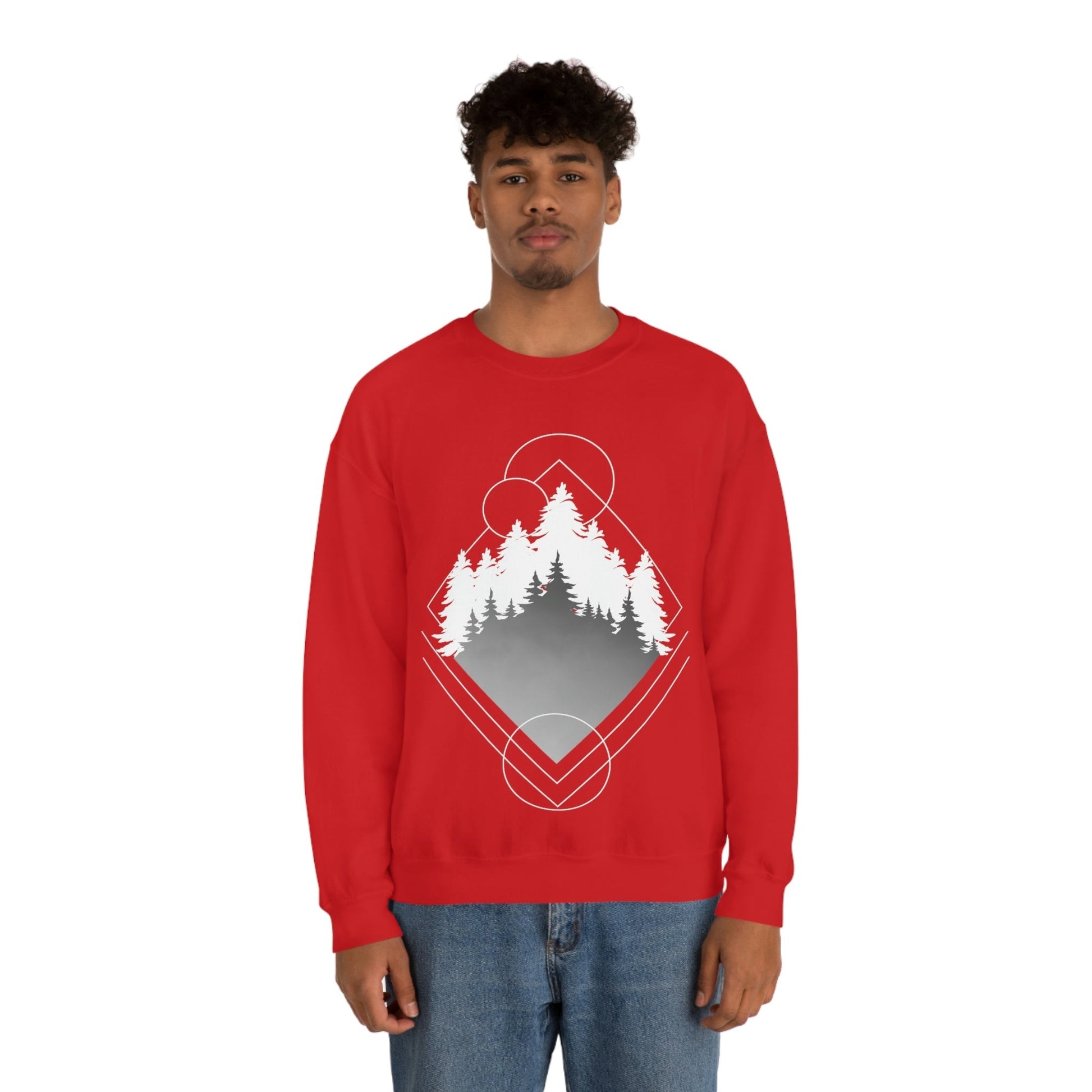 Forest Landscape Explore Monochrome Adventure White Text Unisex Heavy Blend™ Crewneck Sweatshirt Ichaku [Perfect Gifts Selection]