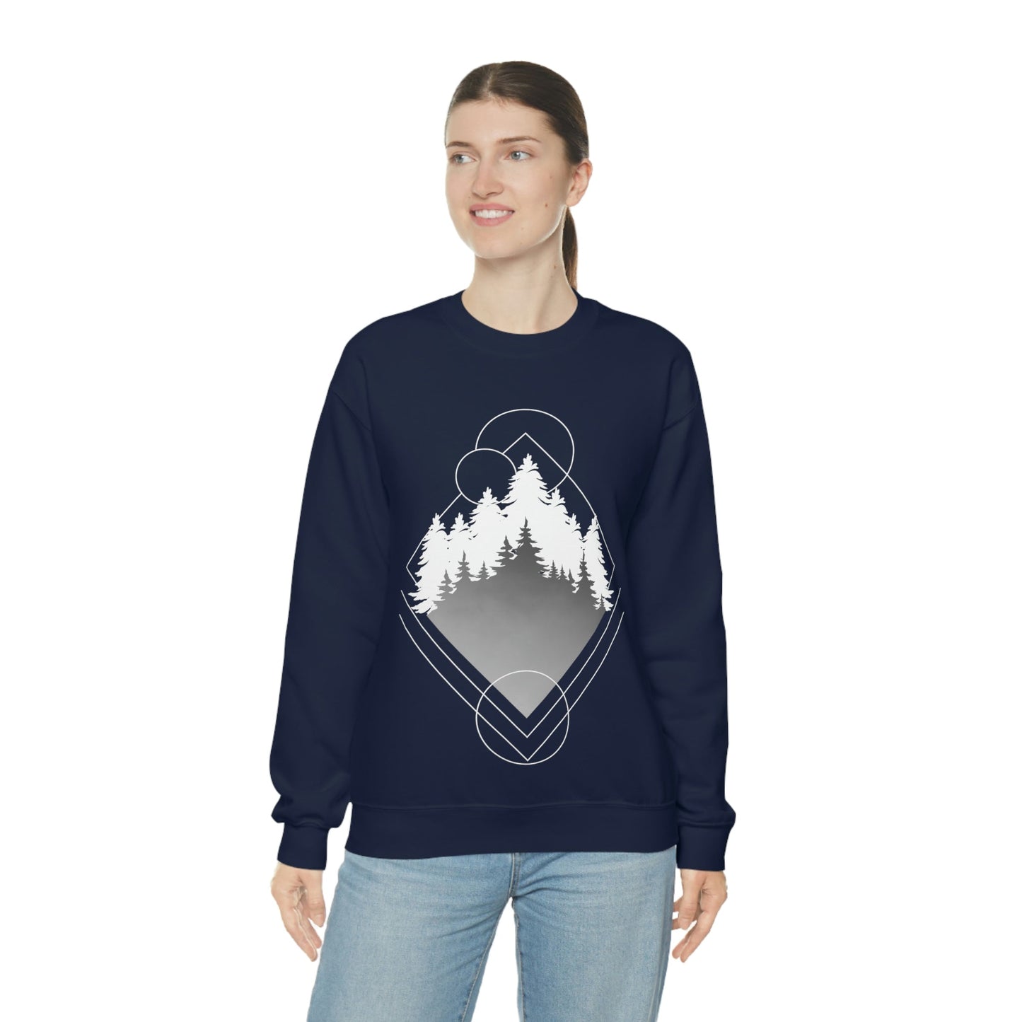 Forest Landscape Explore Monochrome Adventure White Text Unisex Heavy Blend™ Crewneck Sweatshirt Ichaku [Perfect Gifts Selection]