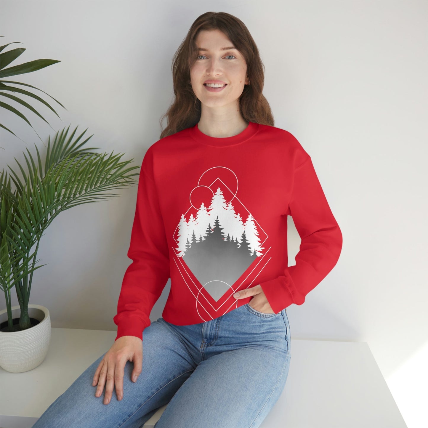 Forest Landscape Explore Monochrome Adventure White Text Unisex Heavy Blend™ Crewneck Sweatshirt Ichaku [Perfect Gifts Selection]