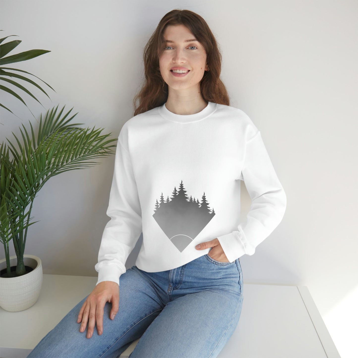 Forest Landscape Explore Monochrome Adventure White Text Unisex Heavy Blend™ Crewneck Sweatshirt Ichaku [Perfect Gifts Selection]