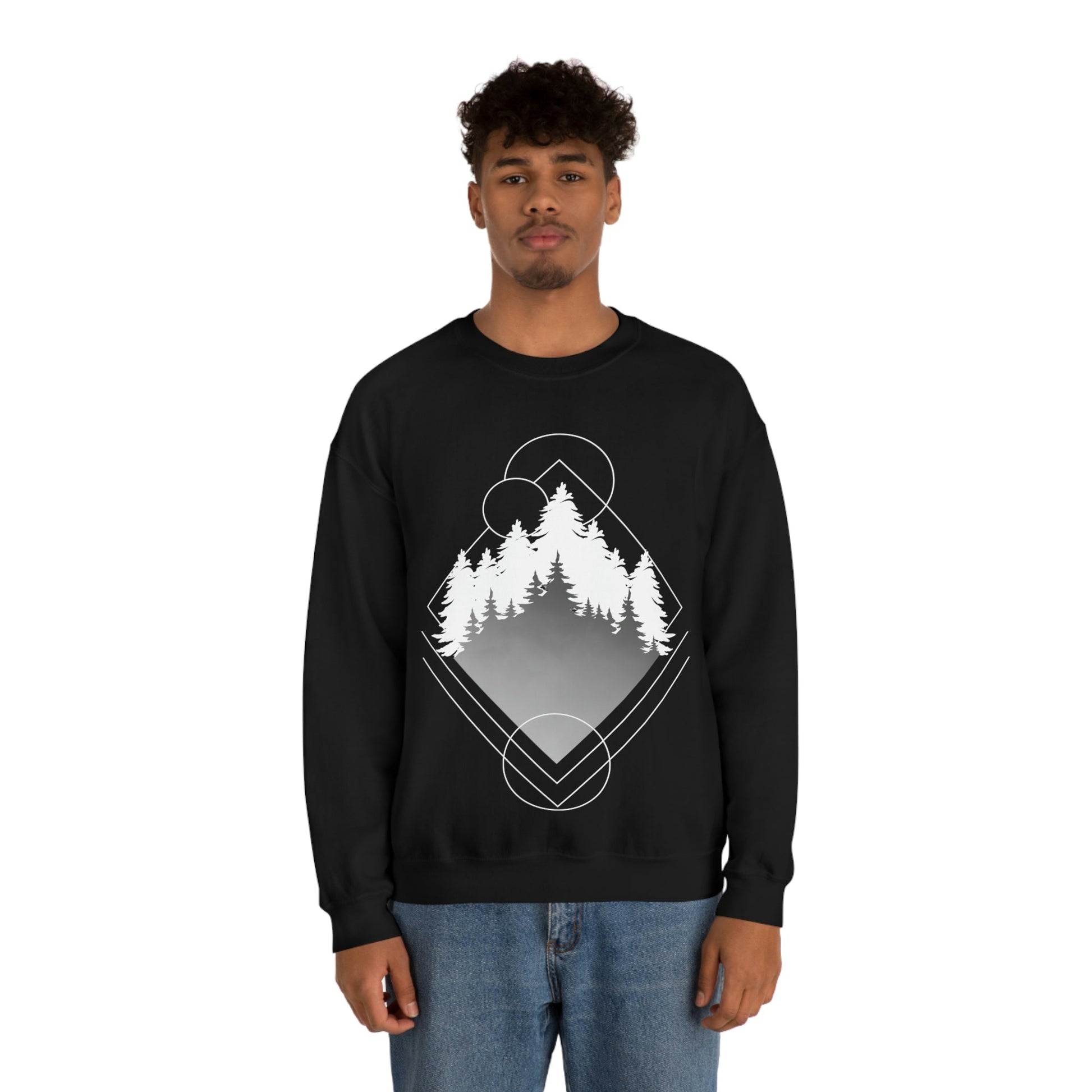 Forest Landscape Explore Monochrome Adventure White Text Unisex Heavy Blend™ Crewneck Sweatshirt Ichaku [Perfect Gifts Selection]