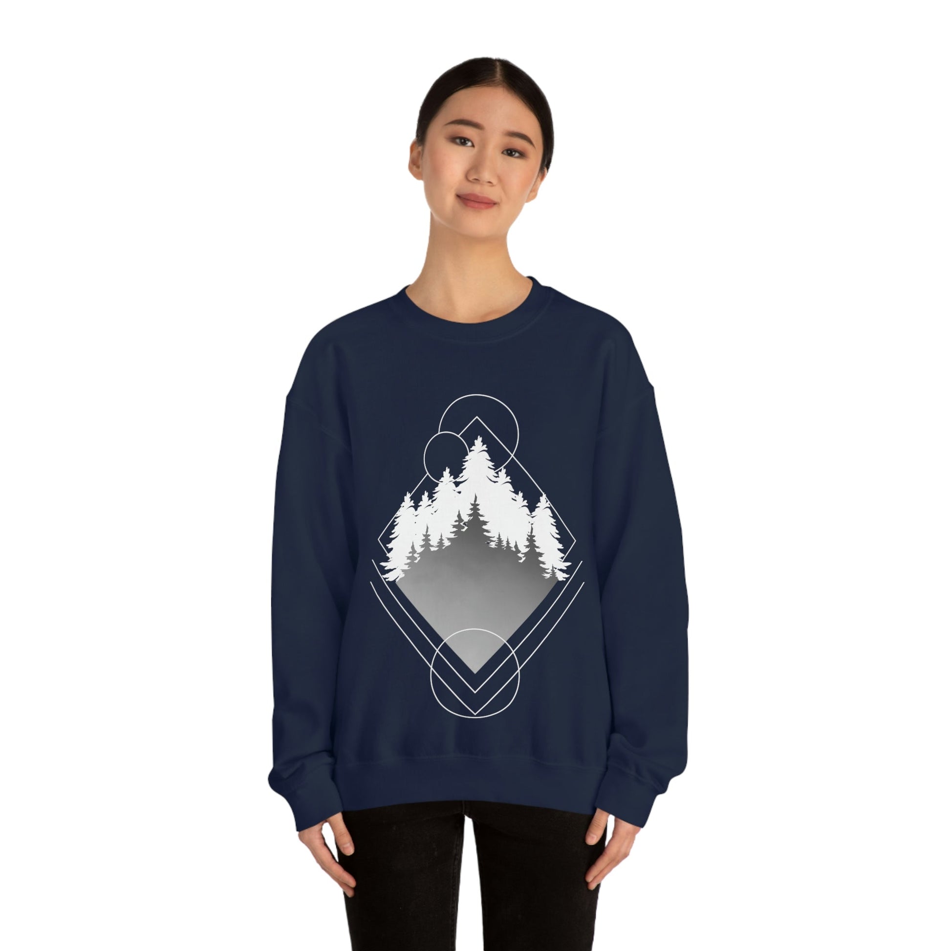 Forest Landscape Explore Monochrome Adventure White Text Unisex Heavy Blend™ Crewneck Sweatshirt Ichaku [Perfect Gifts Selection]