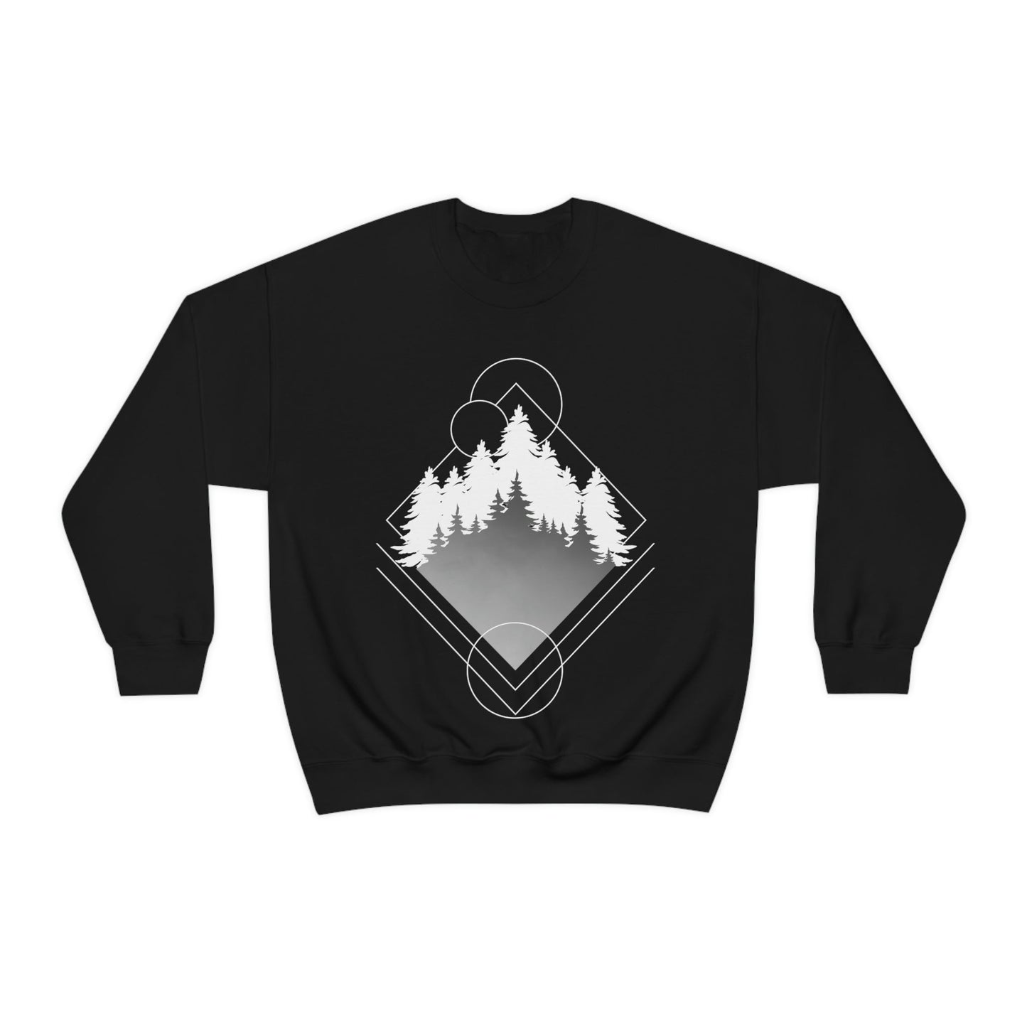 Forest Landscape Explore Monochrome Adventure White Text Unisex Heavy Blend™ Crewneck Sweatshirt Ichaku [Perfect Gifts Selection]