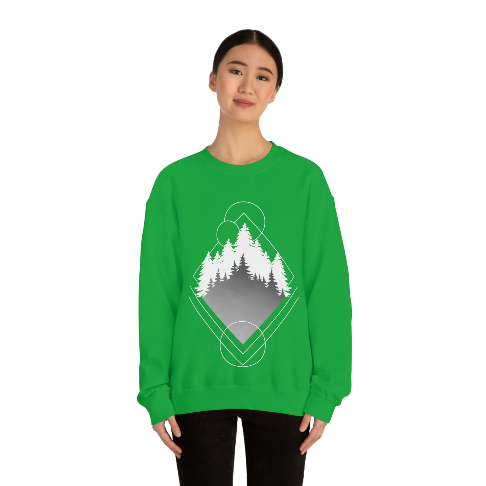 Forest Landscape Explore Monochrome Adventure White Text Unisex Heavy Blend™ Crewneck Sweatshirt Ichaku [Perfect Gifts Selection]