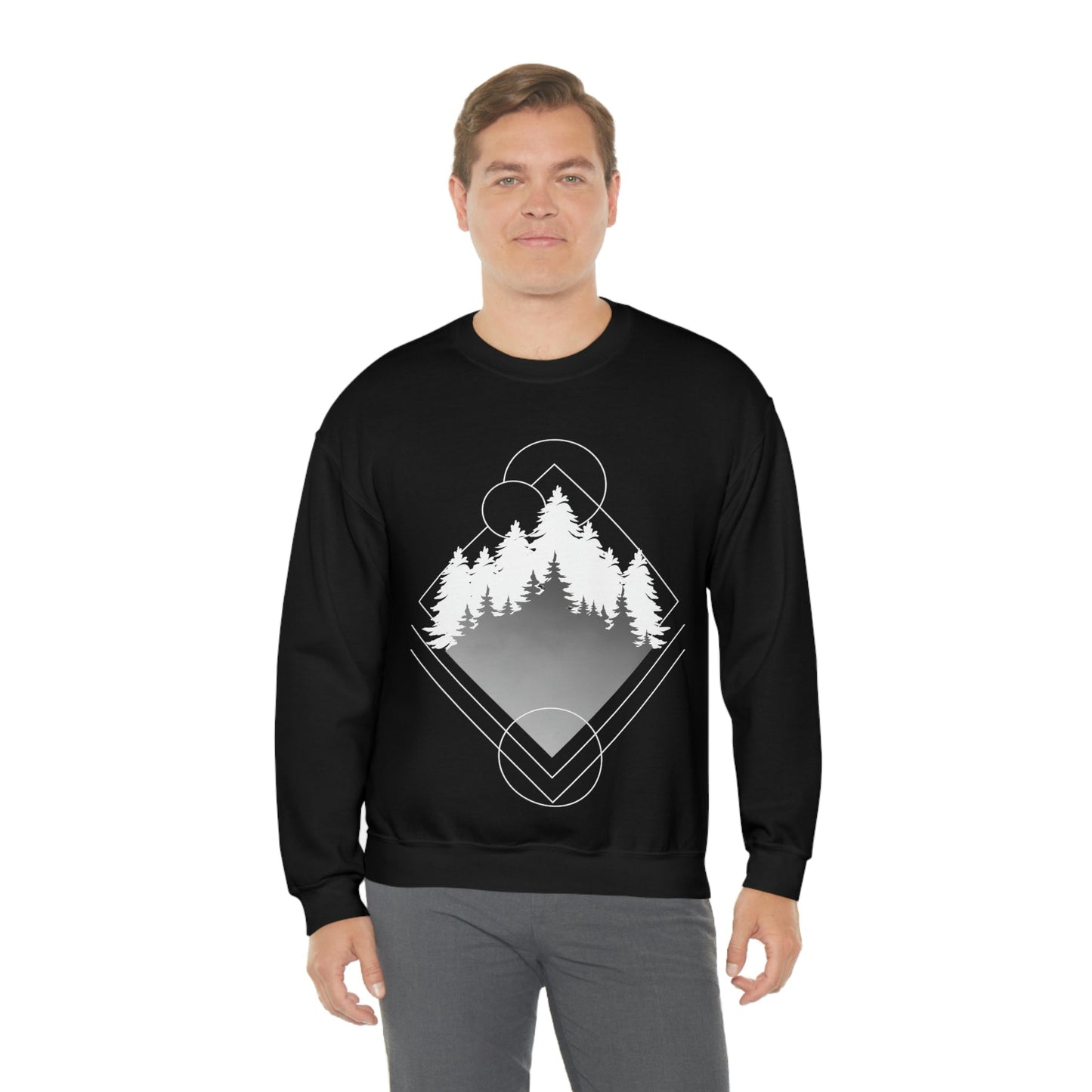 Forest Landscape Explore Monochrome Adventure White Text Unisex Heavy Blend™ Crewneck Sweatshirt Ichaku [Perfect Gifts Selection]