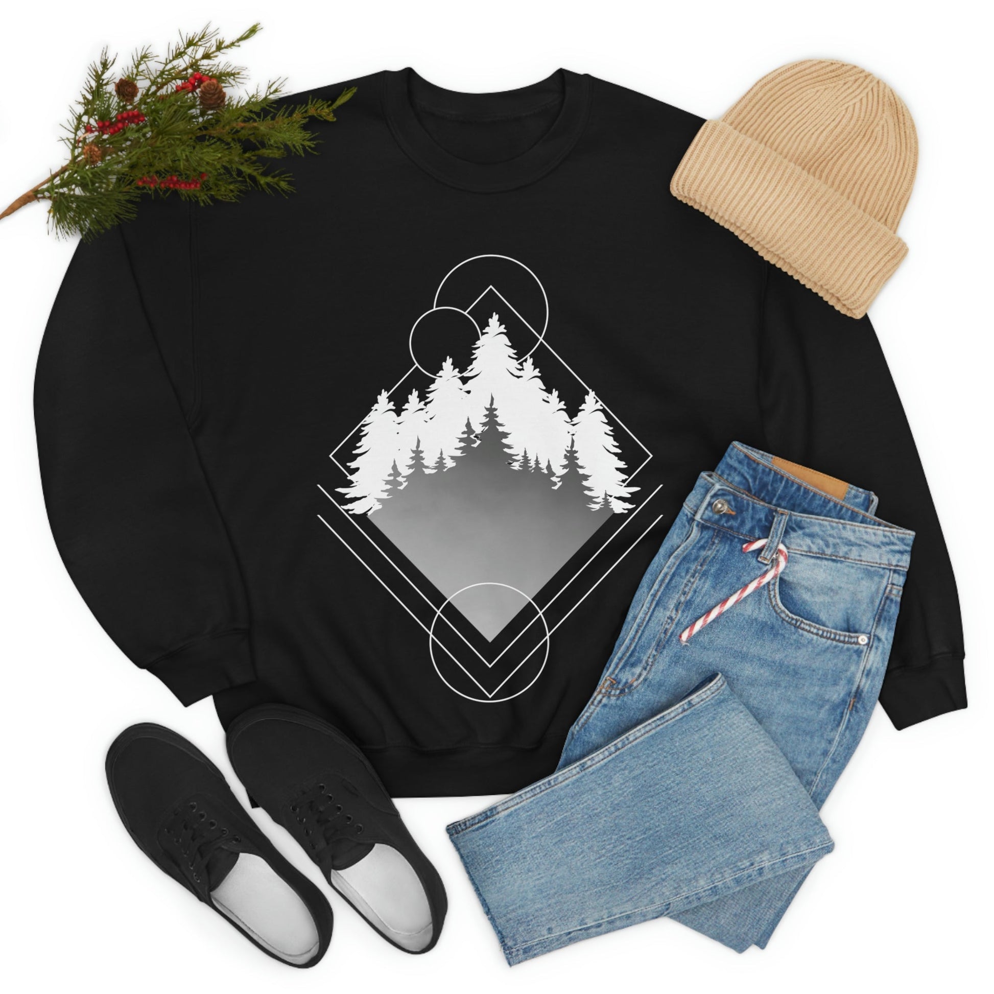 Forest Landscape Explore Monochrome Adventure White Text Unisex Heavy Blend™ Crewneck Sweatshirt Ichaku [Perfect Gifts Selection]