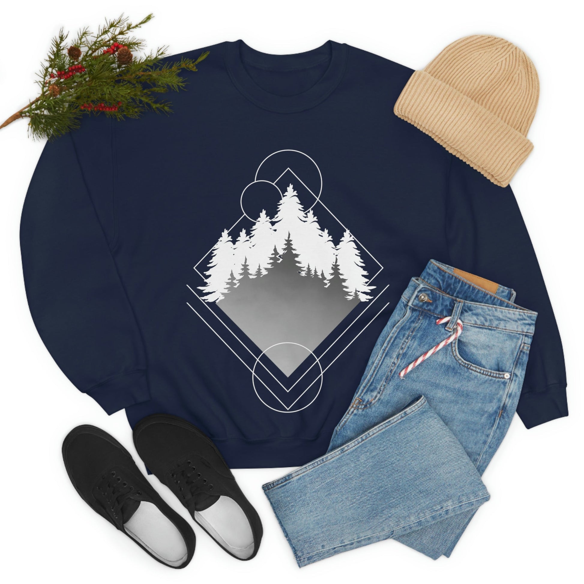 Forest Landscape Explore Monochrome Adventure White Text Unisex Heavy Blend™ Crewneck Sweatshirt Ichaku [Perfect Gifts Selection]