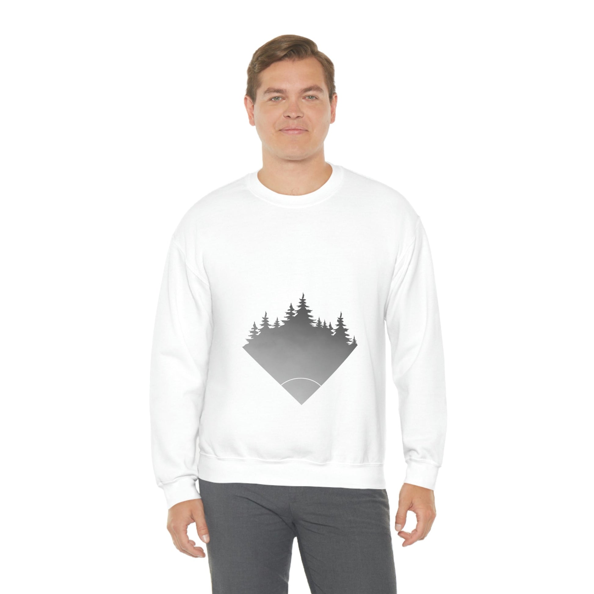 Forest Landscape Explore Monochrome Adventure White Text Unisex Heavy Blend™ Crewneck Sweatshirt Ichaku [Perfect Gifts Selection]