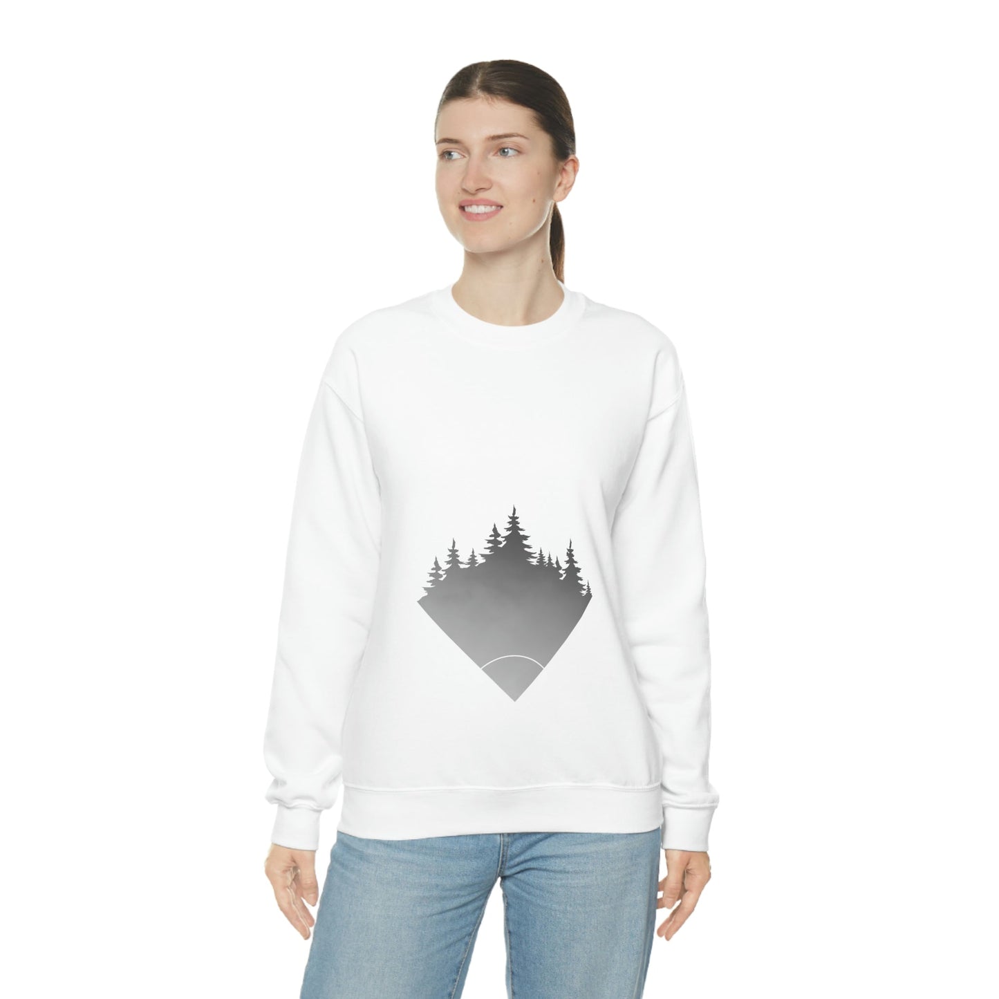 Forest Landscape Explore Monochrome Adventure White Text Unisex Heavy Blend™ Crewneck Sweatshirt Ichaku [Perfect Gifts Selection]