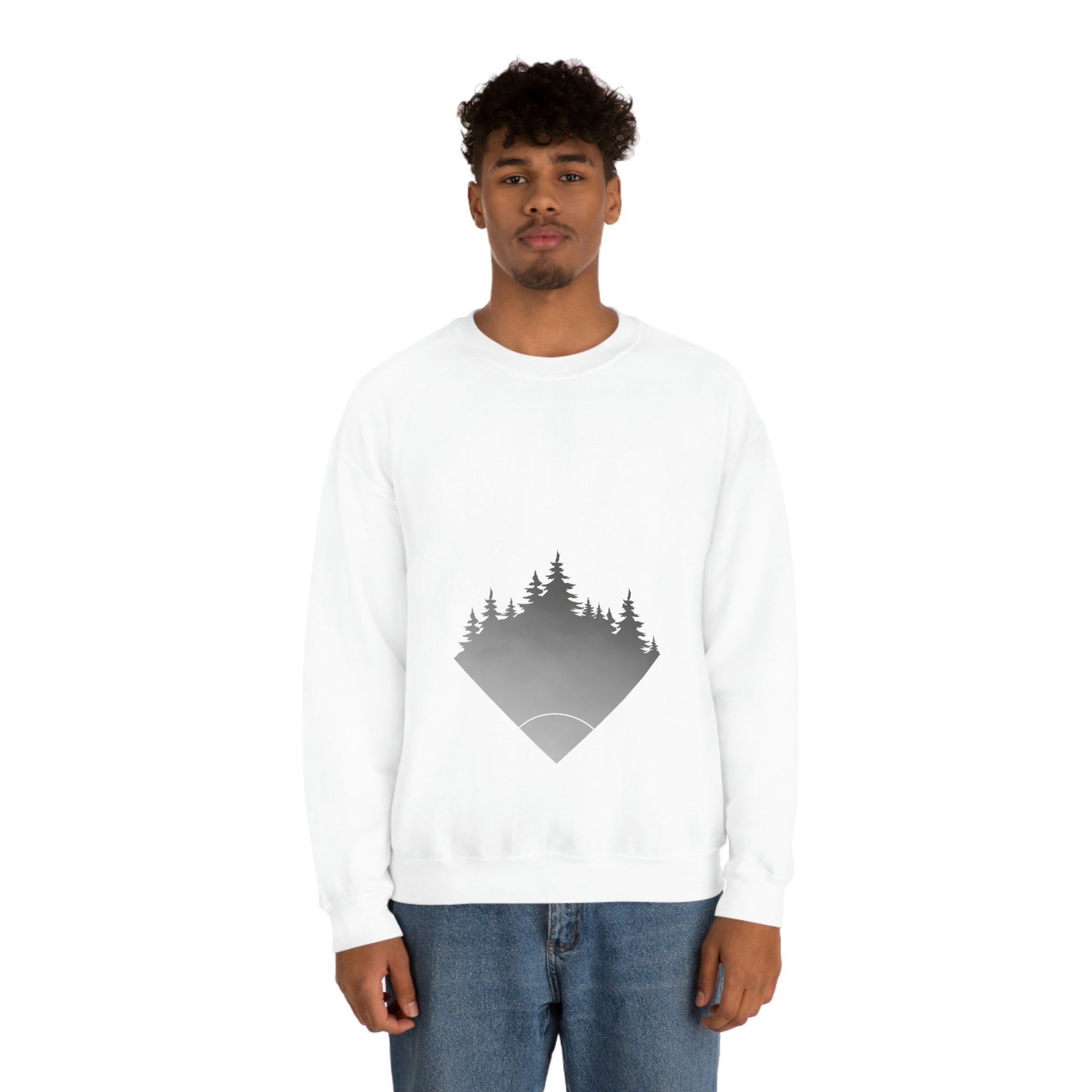 Forest Landscape Explore Monochrome Adventure White Text Unisex Heavy Blend™ Crewneck Sweatshirt Ichaku [Perfect Gifts Selection]