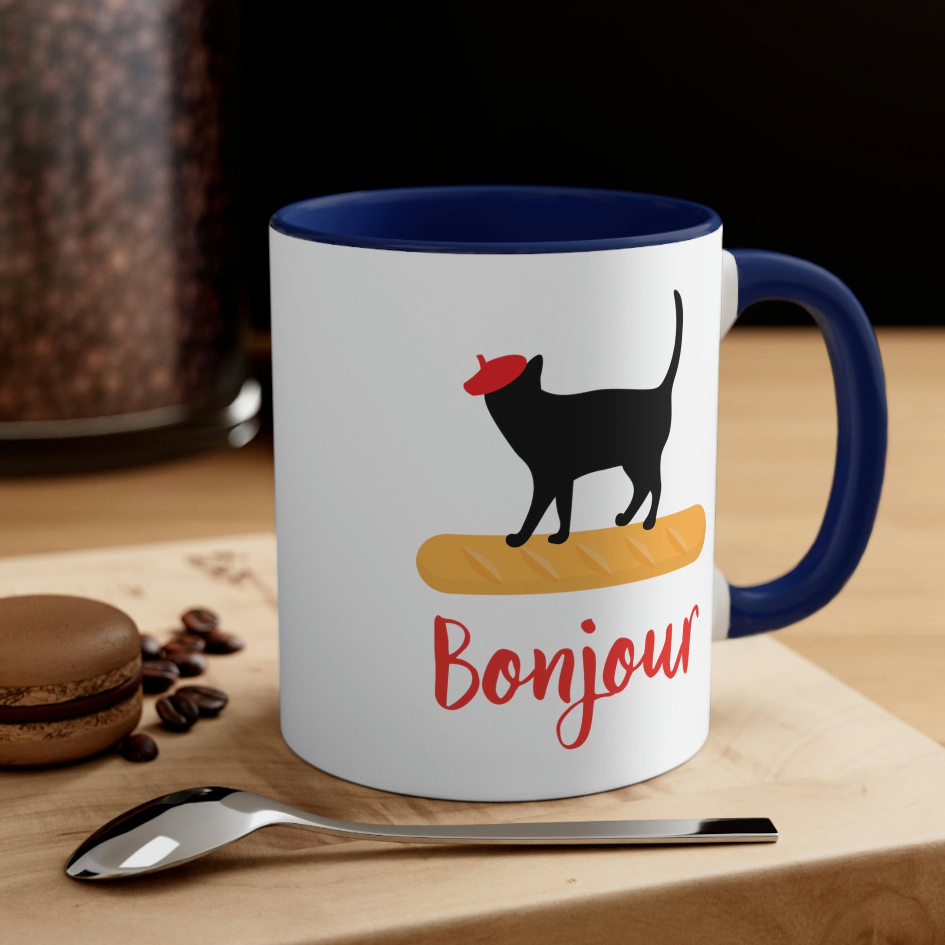 French Style Bread Black Cat Bonjour Accent Coffee Mug 11oz Ichaku [Perfect Gifts Selection]