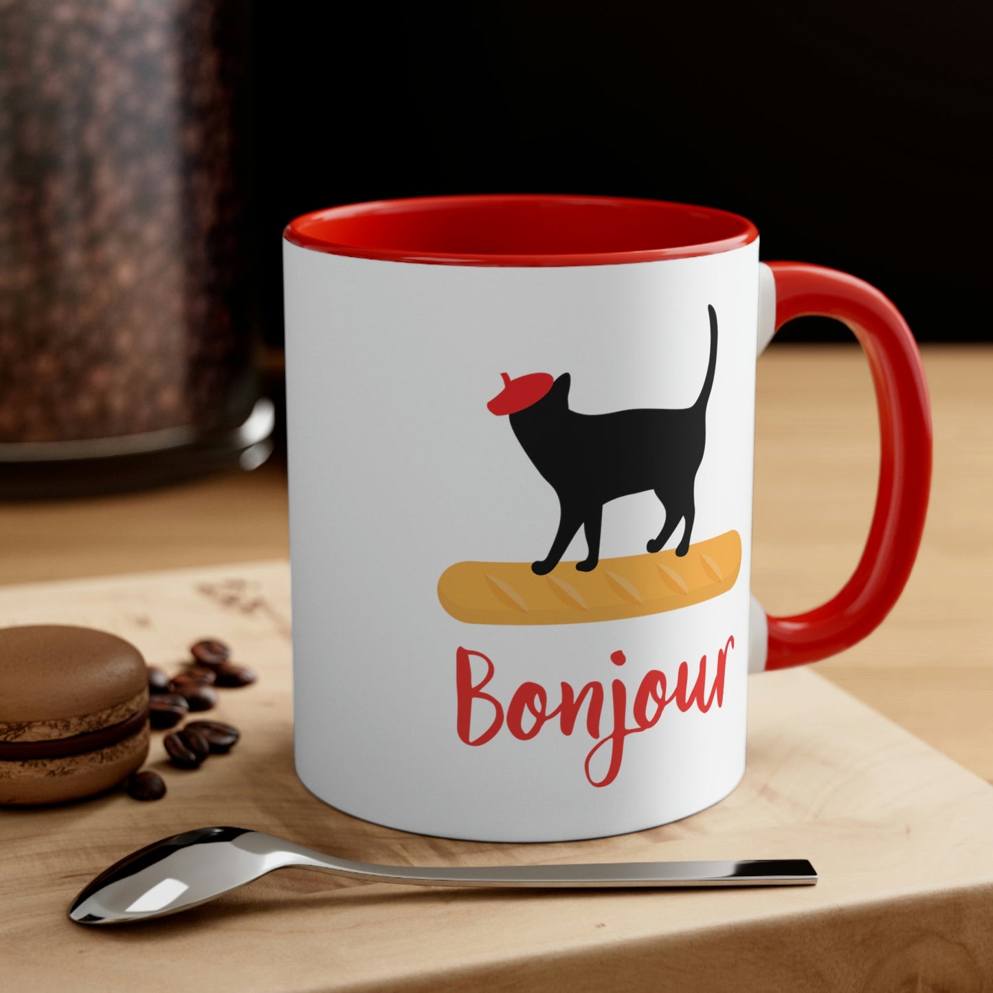 French Style Bread Black Cat Bonjour Accent Coffee Mug 11oz Ichaku [Perfect Gifts Selection]