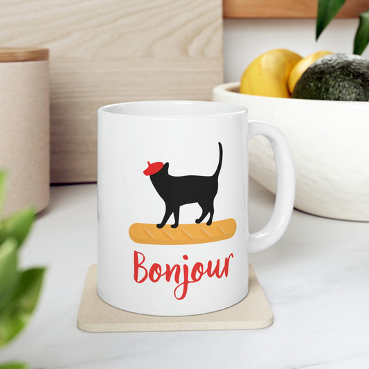 French Style Bread Black Cat Bonjour Ceramic Mug 11oz Ichaku [Perfect Gifts Selection]