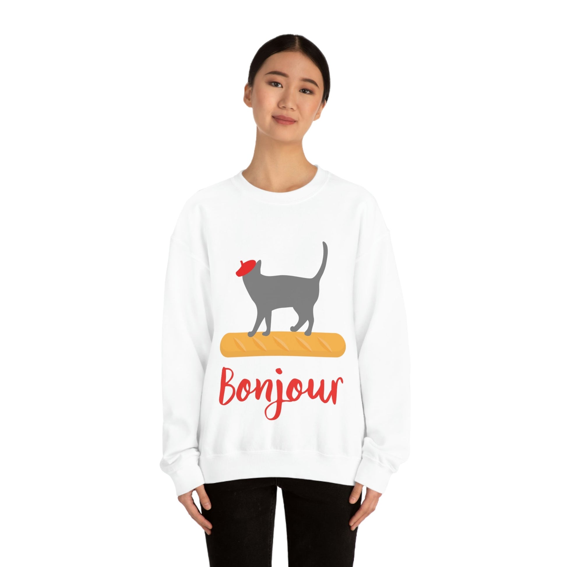 French Style Bread Black Cat Bonjour Unisex Heavy Blend™ Crewneck Sweatshirt Ichaku [Perfect Gifts Selection]