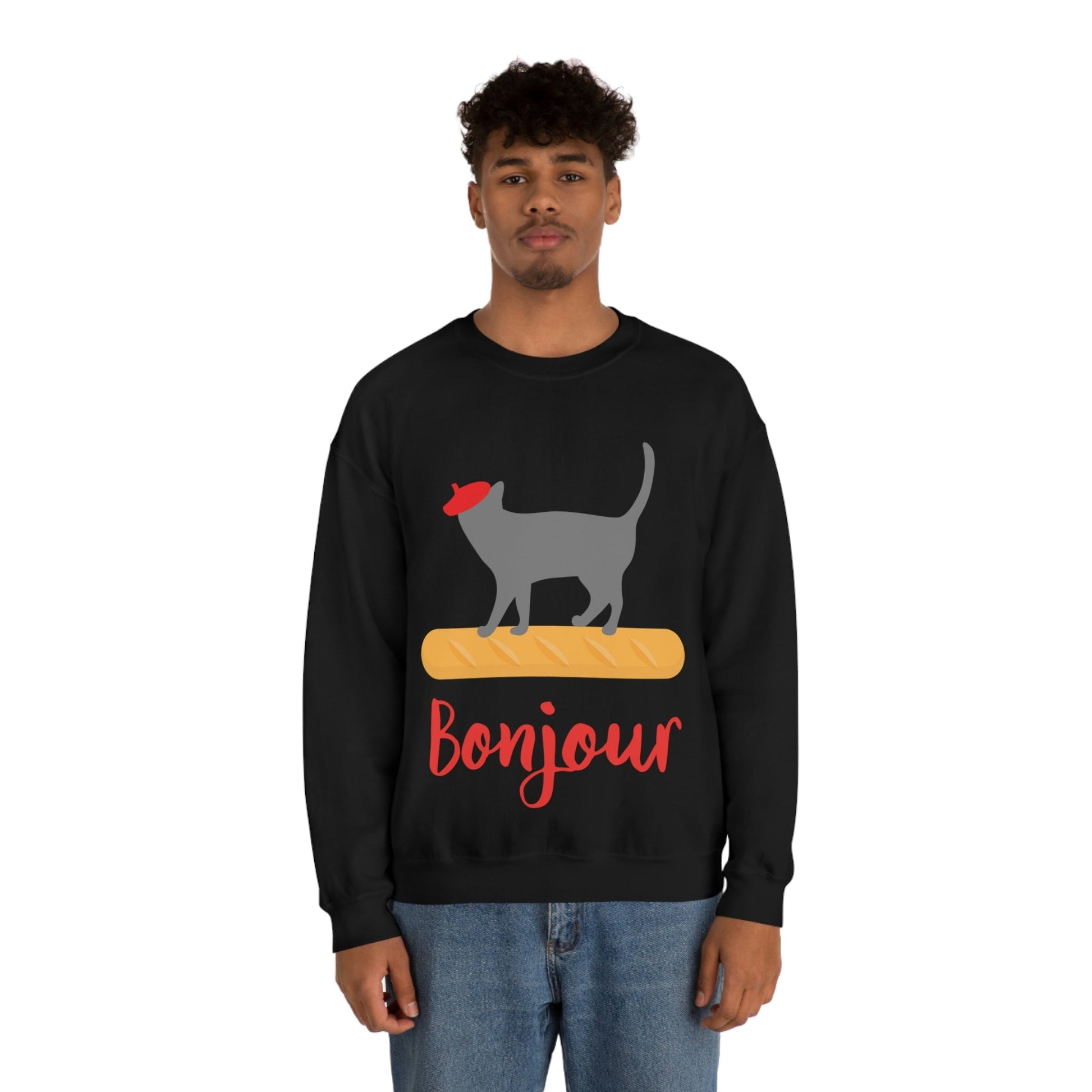 French Style Bread Black Cat Bonjour Unisex Heavy Blend™ Crewneck Sweatshirt Ichaku [Perfect Gifts Selection]