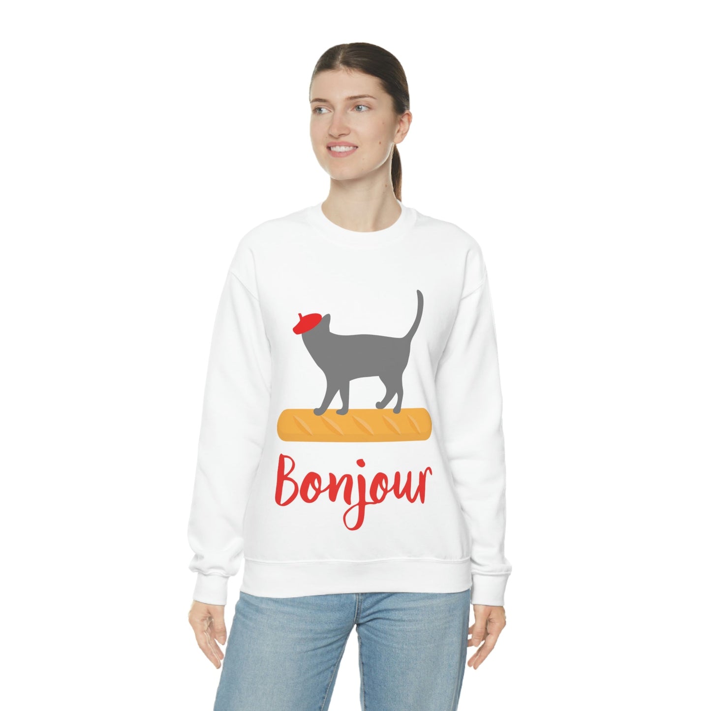 French Style Bread Black Cat Bonjour Unisex Heavy Blend™ Crewneck Sweatshirt Ichaku [Perfect Gifts Selection]