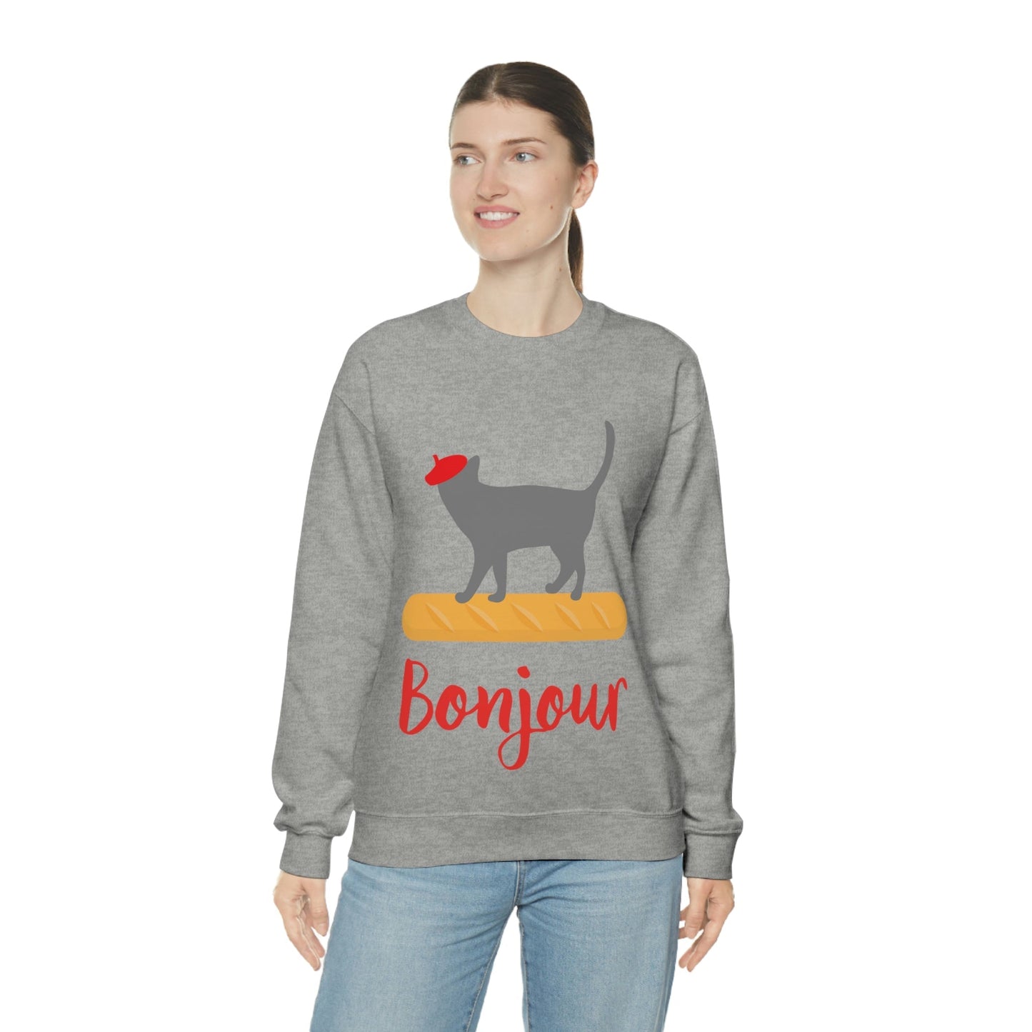 French Style Bread Black Cat Bonjour Unisex Heavy Blend™ Crewneck Sweatshirt Ichaku [Perfect Gifts Selection]