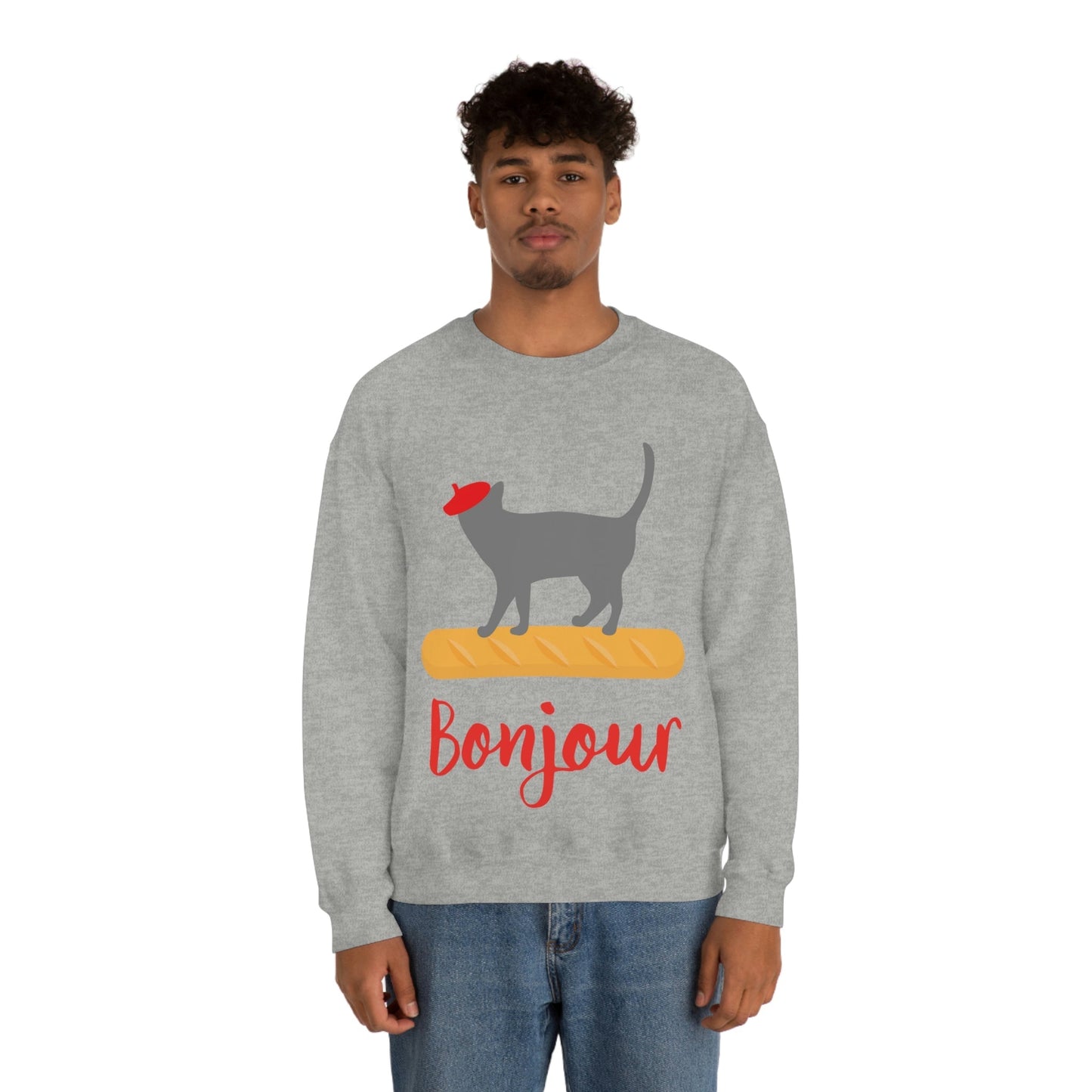 French Style Bread Black Cat Bonjour Unisex Heavy Blend™ Crewneck Sweatshirt Ichaku [Perfect Gifts Selection]