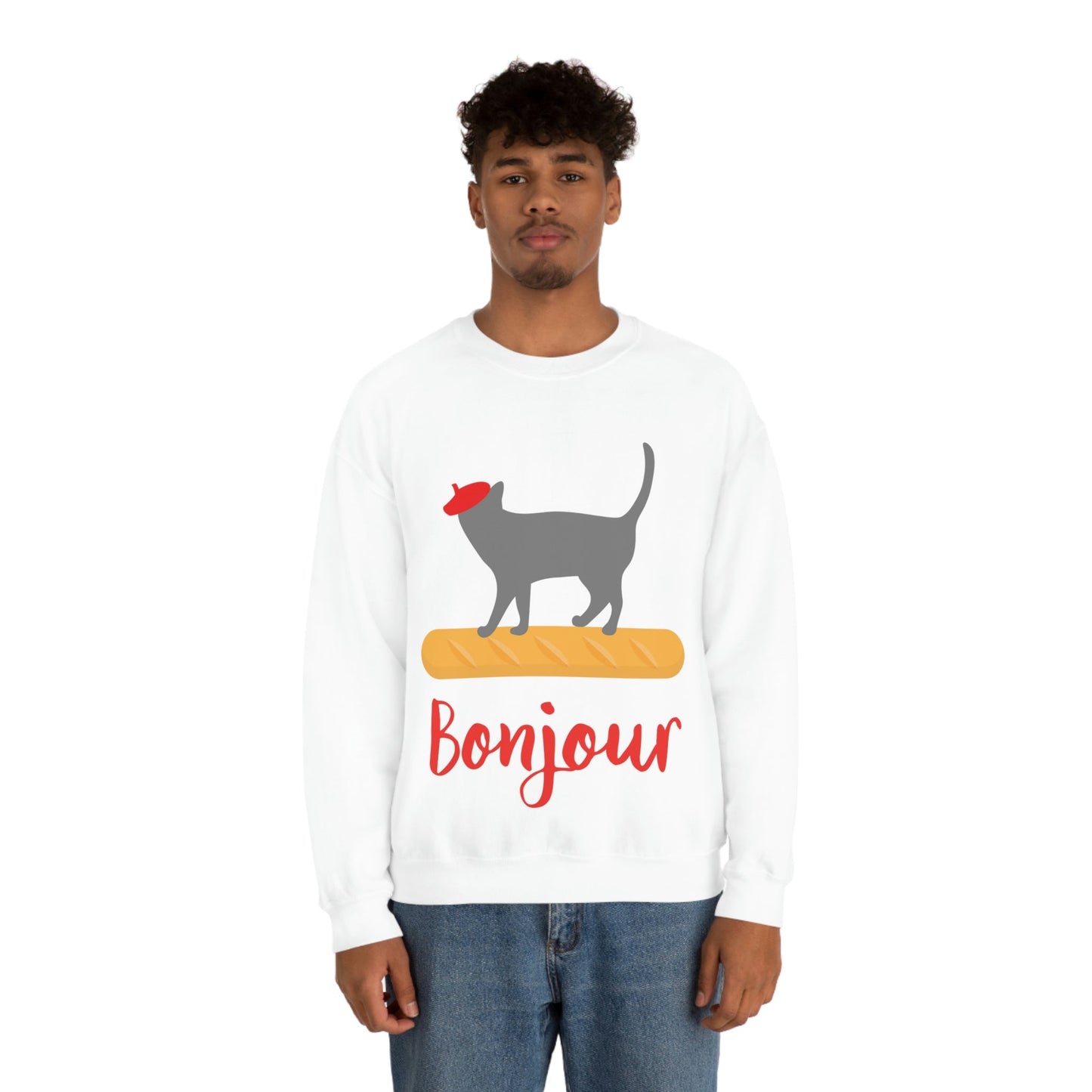 French Style Bread Black Cat Bonjour Unisex Heavy Blend™ Crewneck Sweatshirt Ichaku [Perfect Gifts Selection]